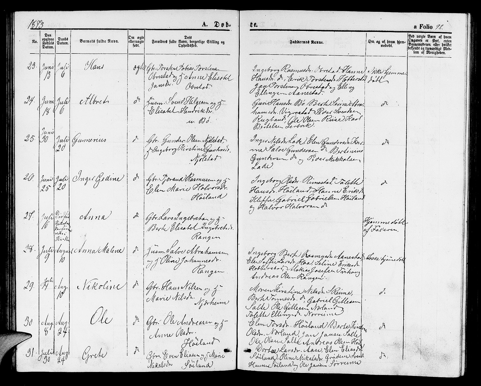 Hå sokneprestkontor, AV/SAST-A-101801/001/30BB/L0001: Parish register (copy) no. B 1, 1854-1883, p. 92