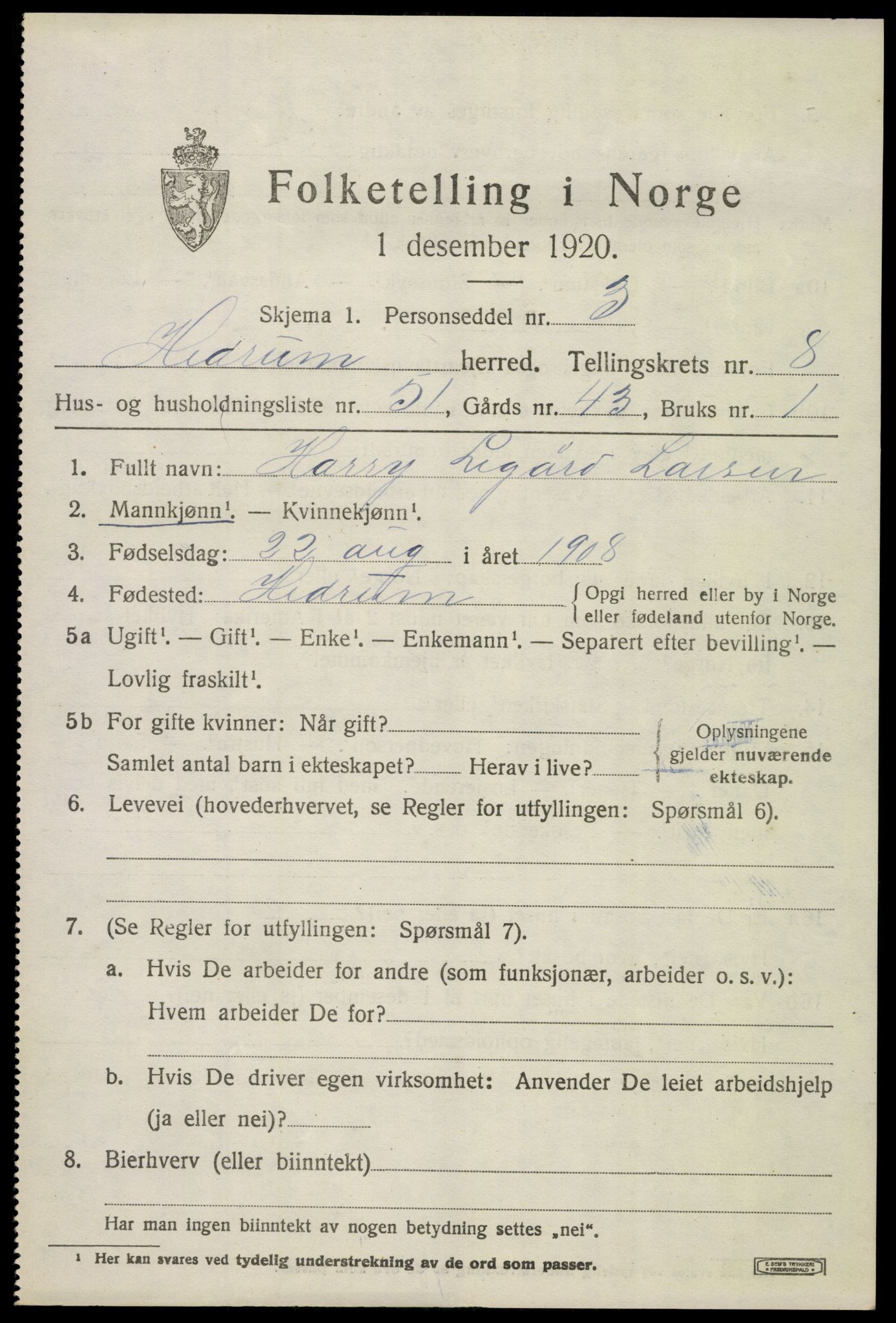 SAKO, 1920 census for Hedrum, 1920, p. 6795