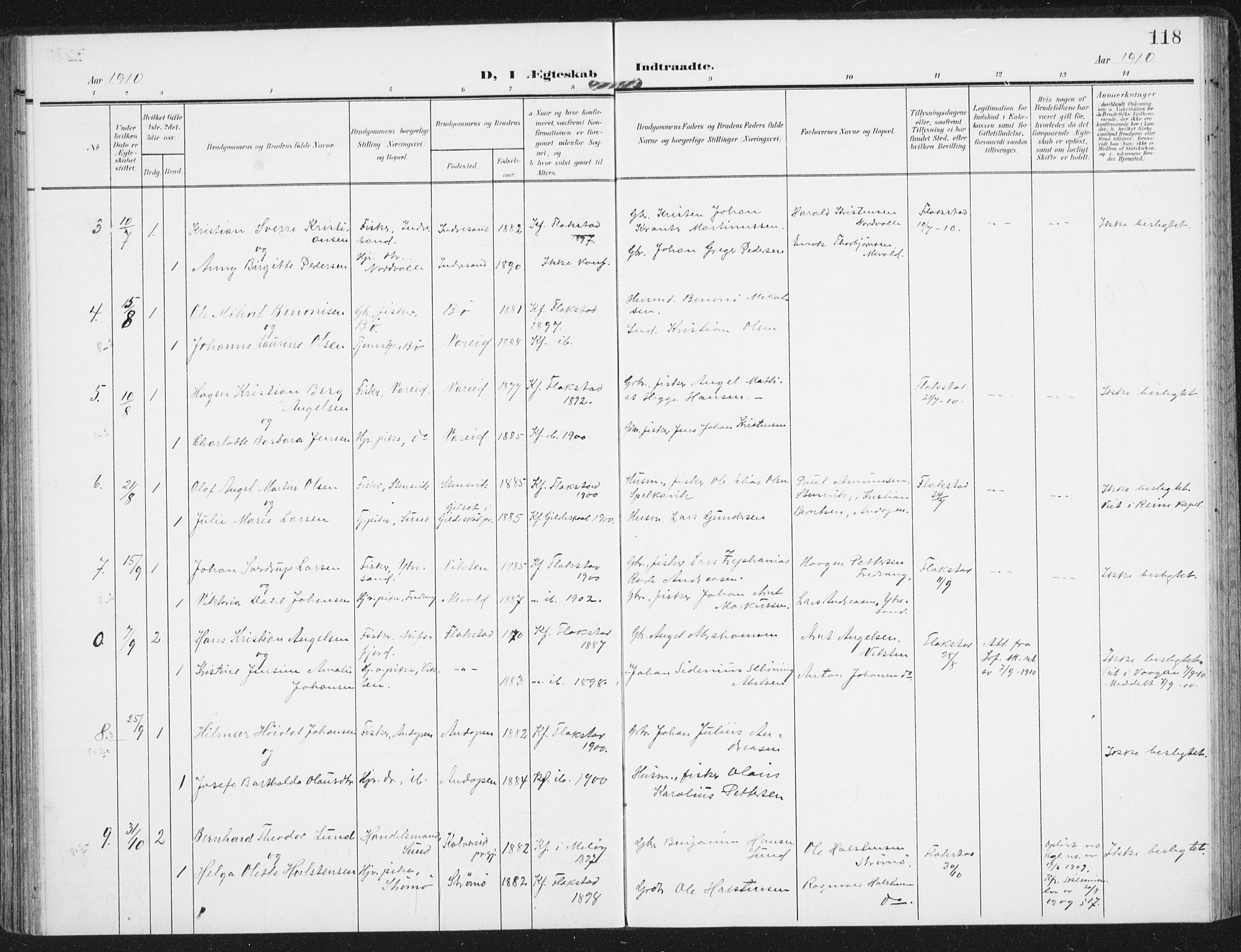 Ministerialprotokoller, klokkerbøker og fødselsregistre - Nordland, AV/SAT-A-1459/885/L1206: Parish register (official) no. 885A07, 1905-1915, p. 118