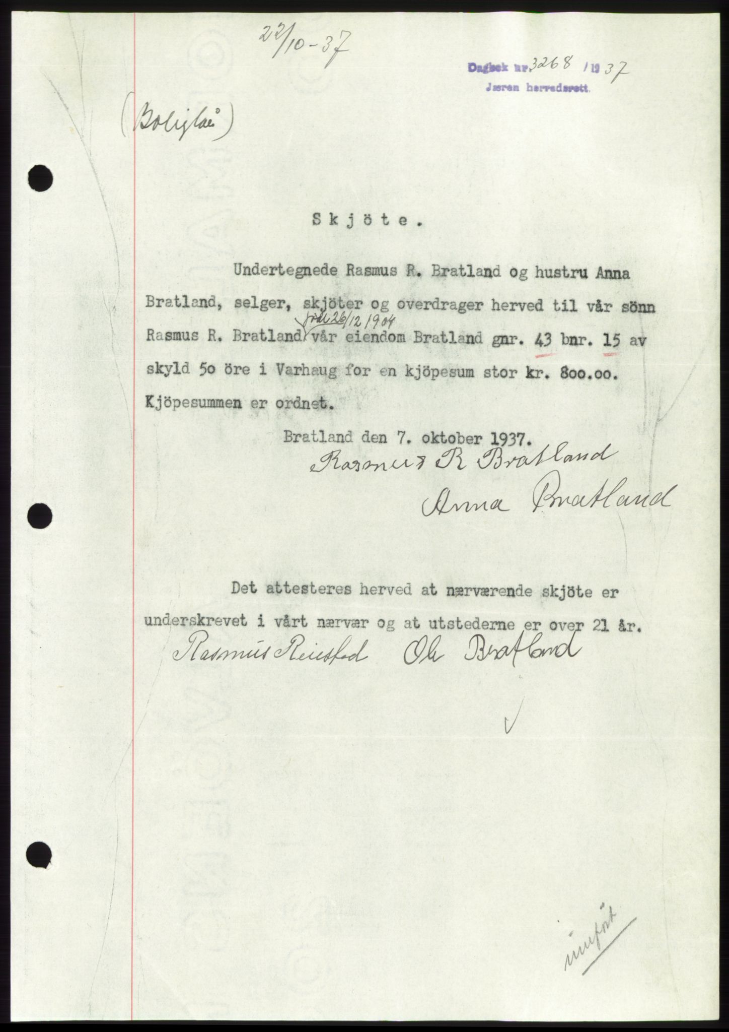 Jæren sorenskriveri, SAST/A-100310/03/G/Gba/L0069: Mortgage book, 1937-1937, Diary no: : 3268/1937