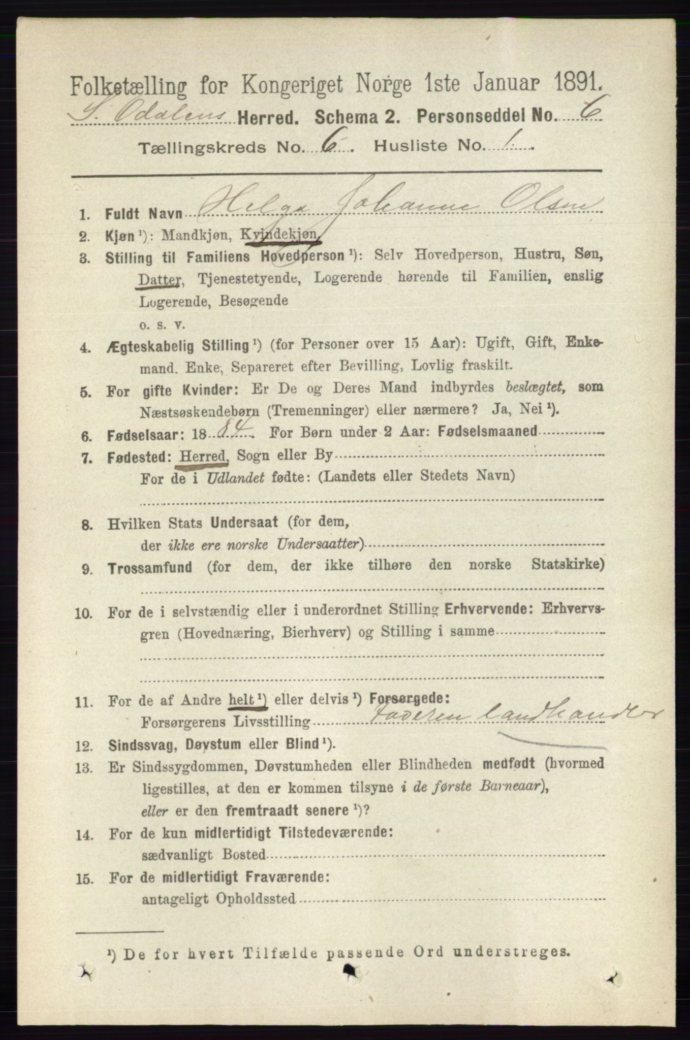 RA, 1891 census for 0419 Sør-Odal, 1891, p. 2800