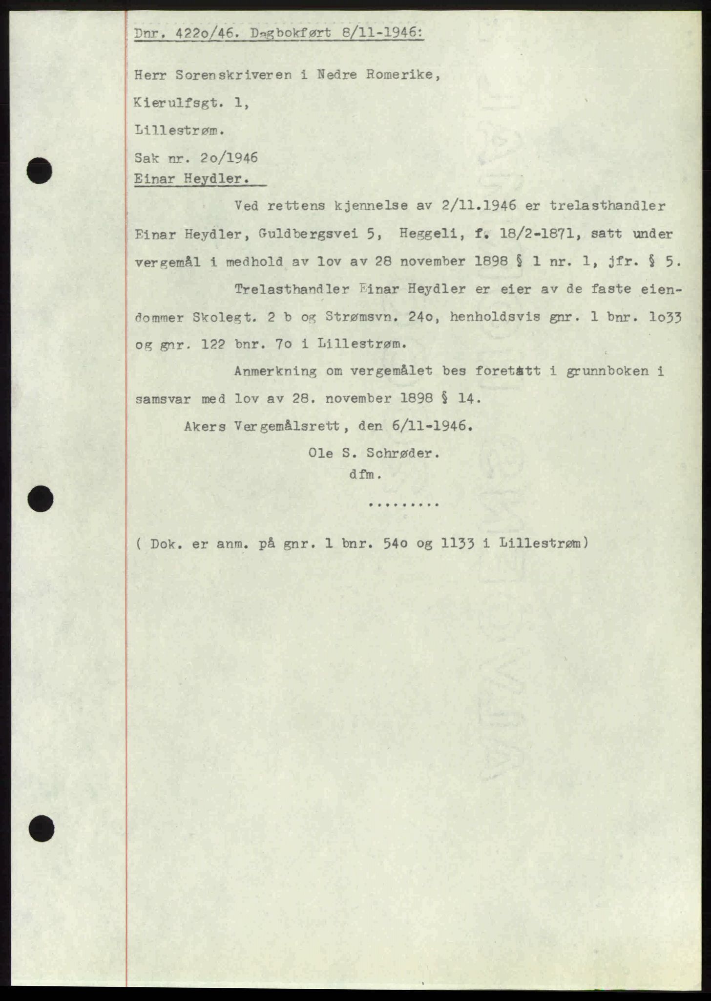 Nedre Romerike sorenskriveri, AV/SAO-A-10469/G/Gb/Gbd/L0017: Mortgage book no. 17, 1946-1946, Diary no: : 4220/1946