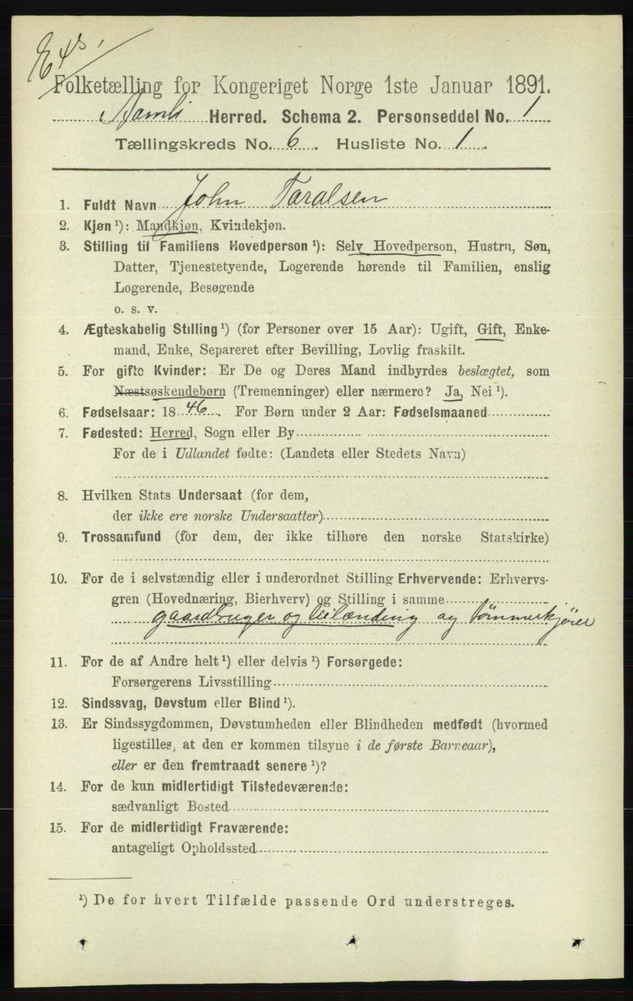 RA, Census 1891 for Nedenes amt: Gjenparter av personsedler for beslektede ektefeller, menn, 1891, p. 357