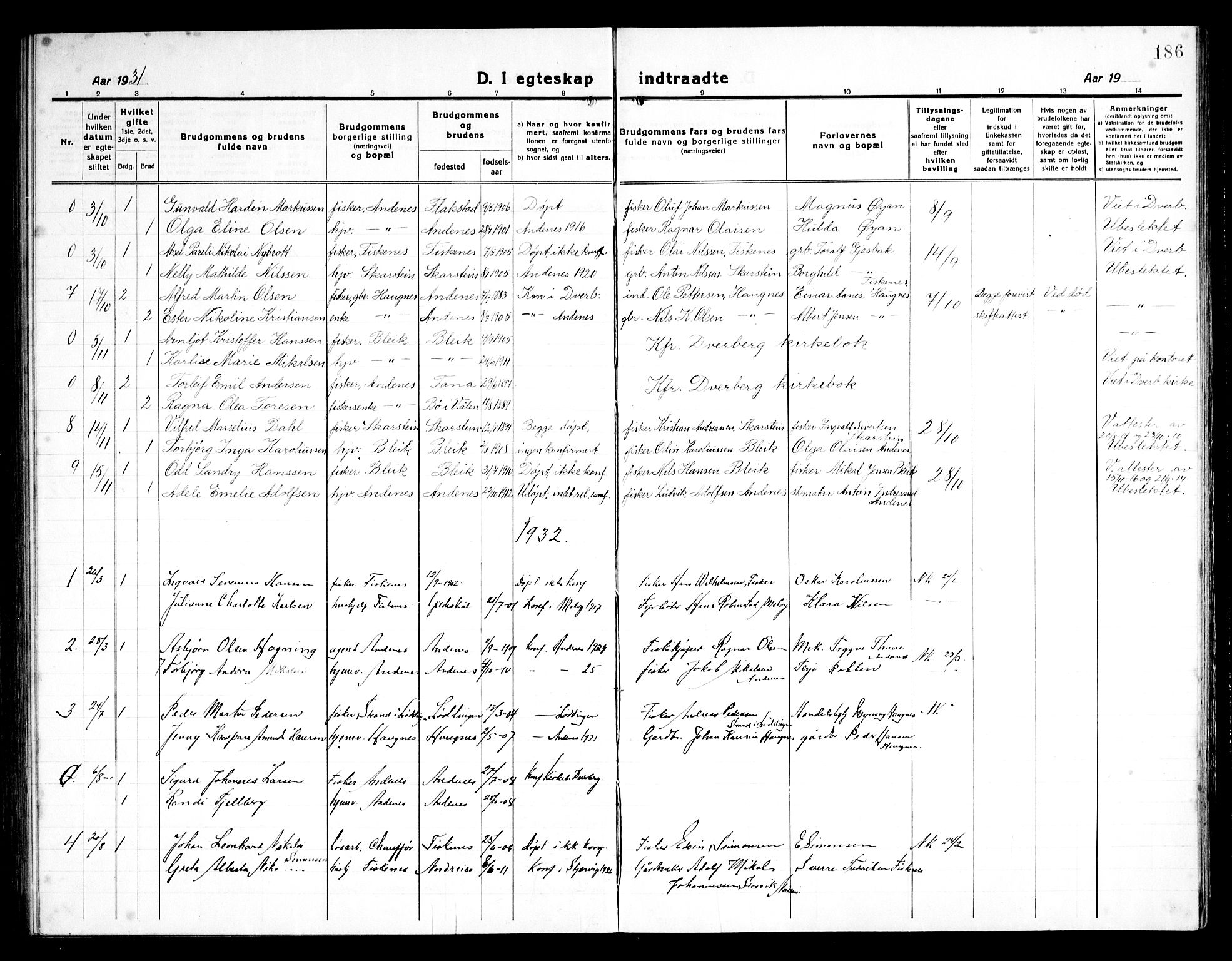 Ministerialprotokoller, klokkerbøker og fødselsregistre - Nordland, SAT/A-1459/899/L1450: Parish register (copy) no. 899C05, 1918-1945, p. 186