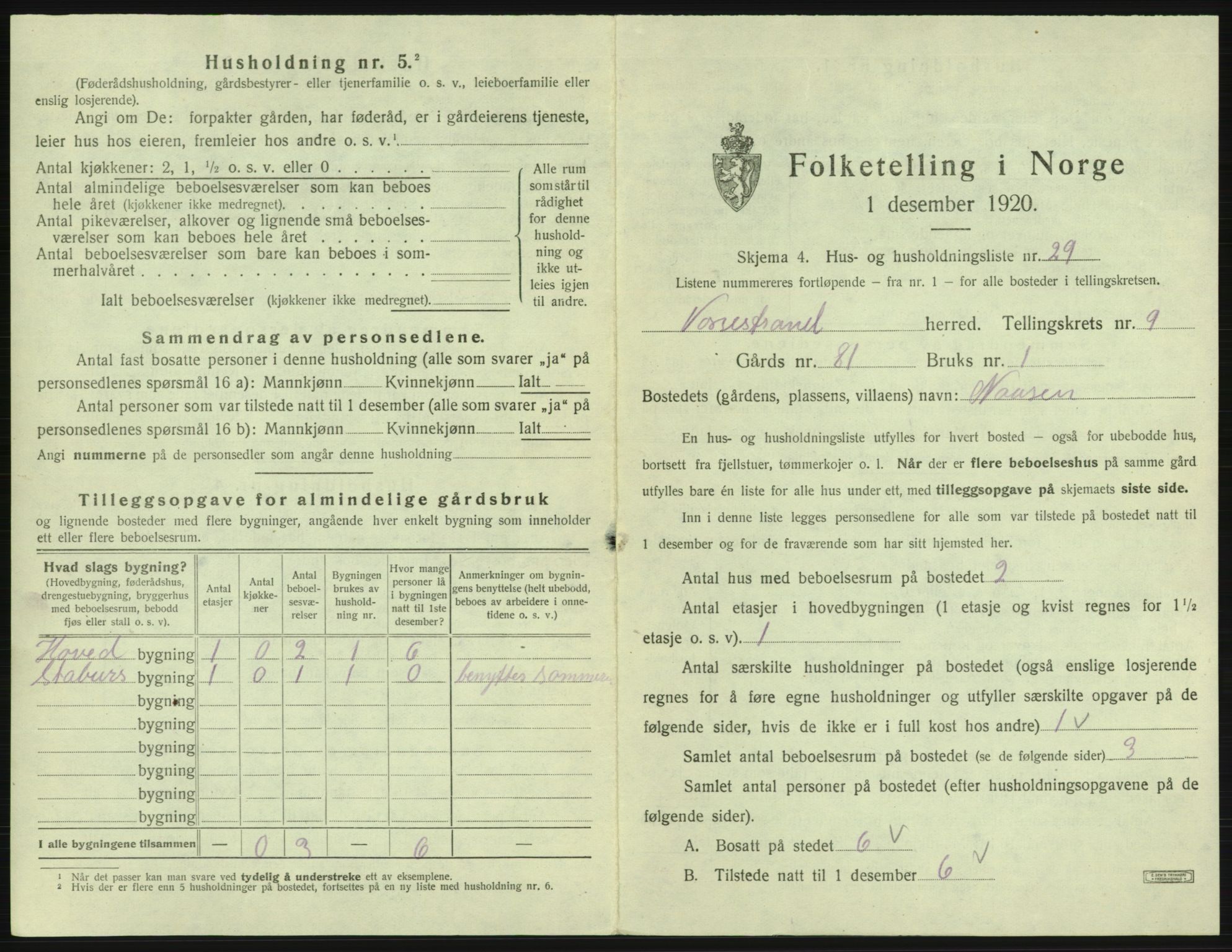 SAB, 1920 census for Vossestrand, 1920, p. 650