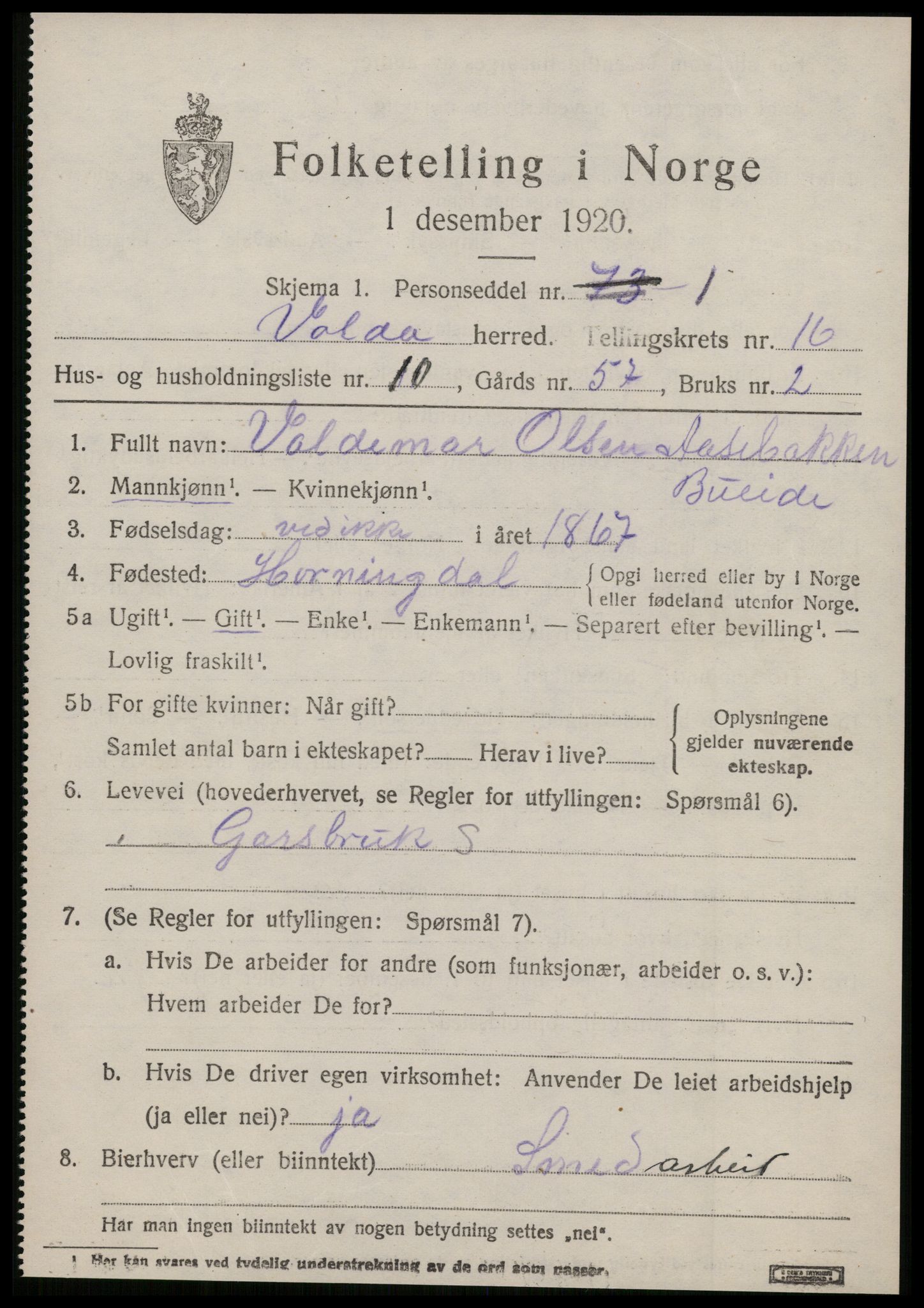 SAT, 1920 census for Volda, 1920, p. 9346