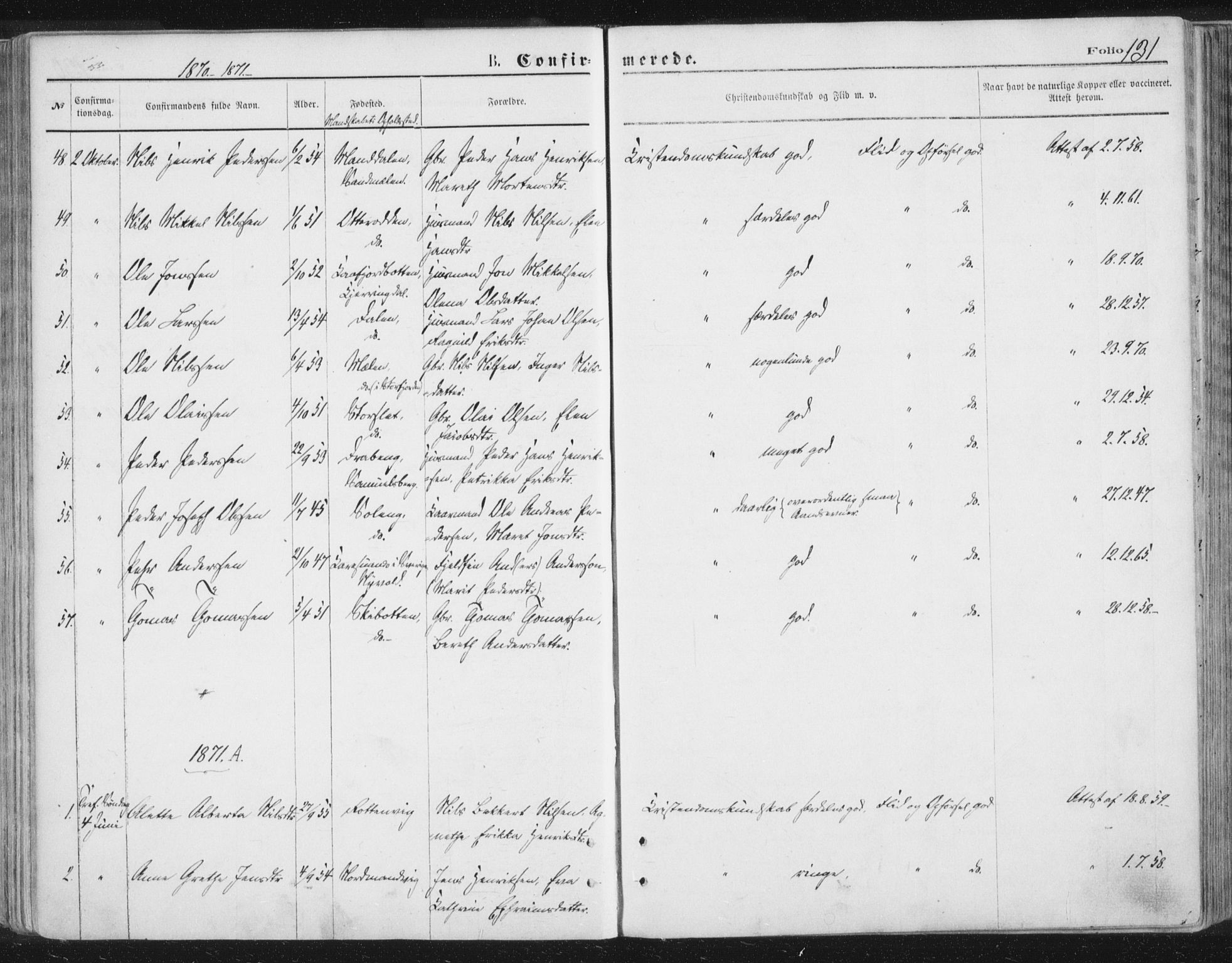 Lyngen sokneprestembete, AV/SATØ-S-1289/H/He/Hea/L0006kirke: Parish register (official) no. 6, 1870-1878, p. 131