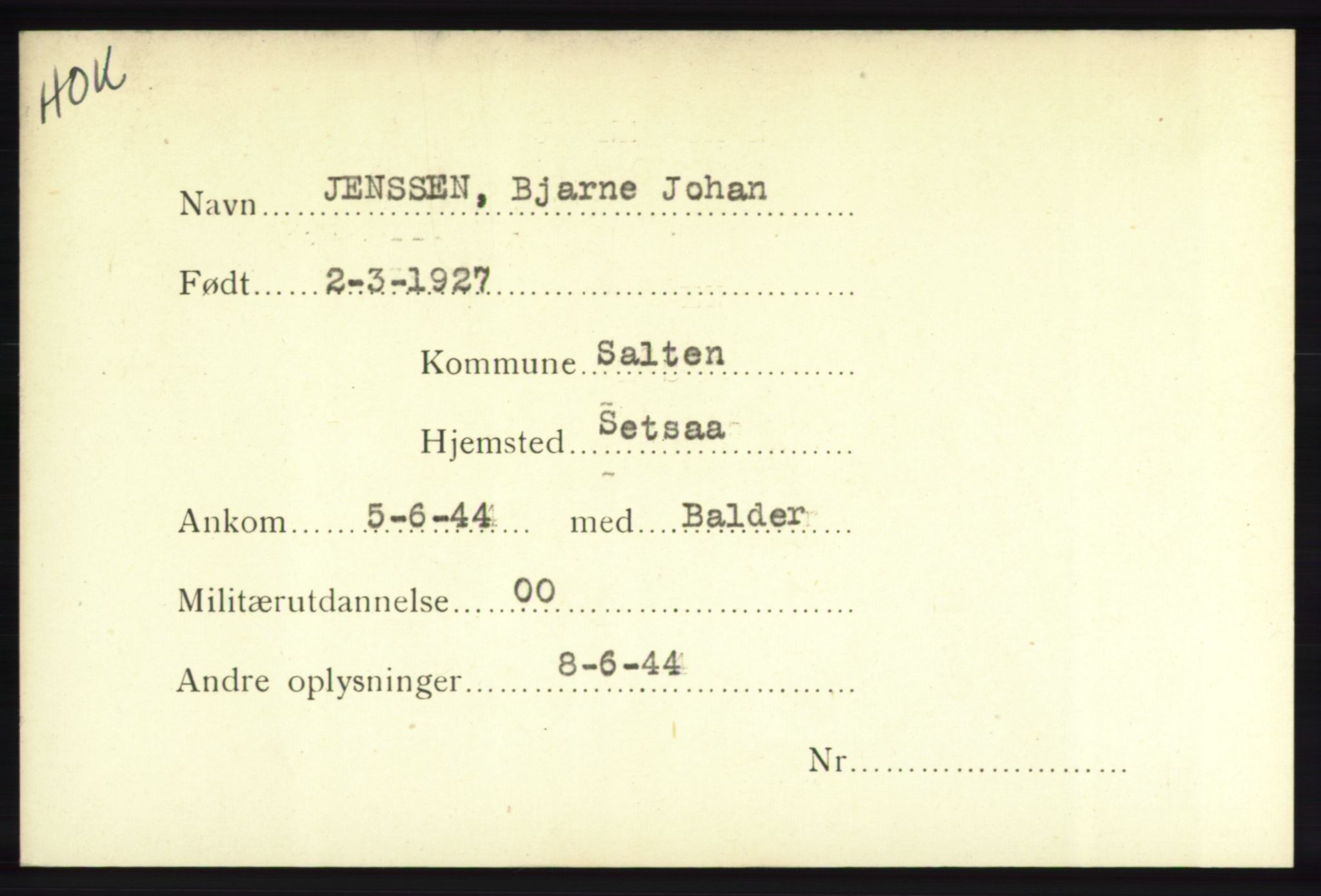 Forsvarets Overkommando. 2. kontor. Arkiv 8.1. Mottakersentralen FDE og FO.II, RA/RAFA-6952/P/Pa/L0010: Jenssen - Jøsevold , 1940-1945, p. 2
