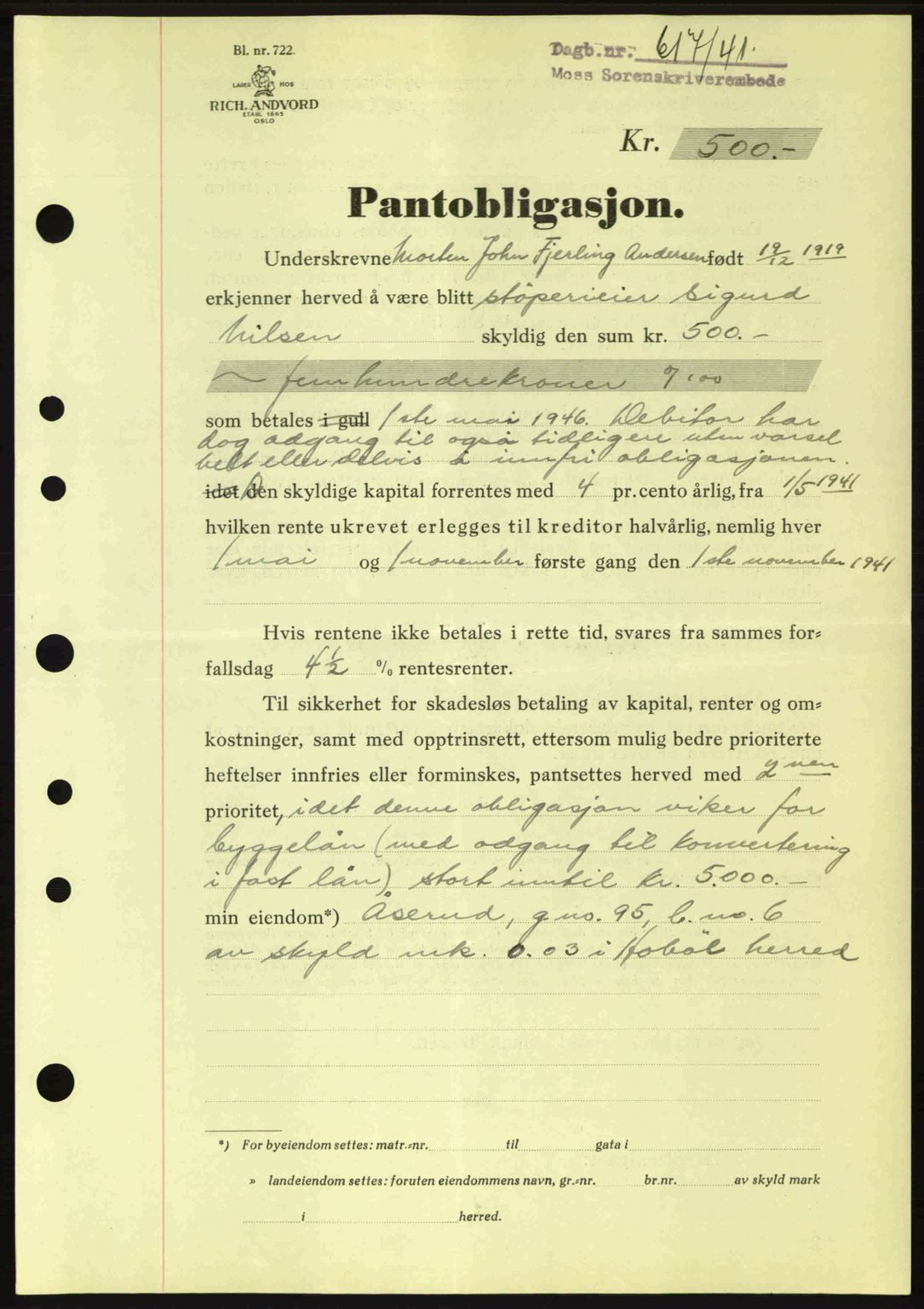 Moss sorenskriveri, SAO/A-10168: Mortgage book no. B10, 1940-1941, Diary no: : 617/1941