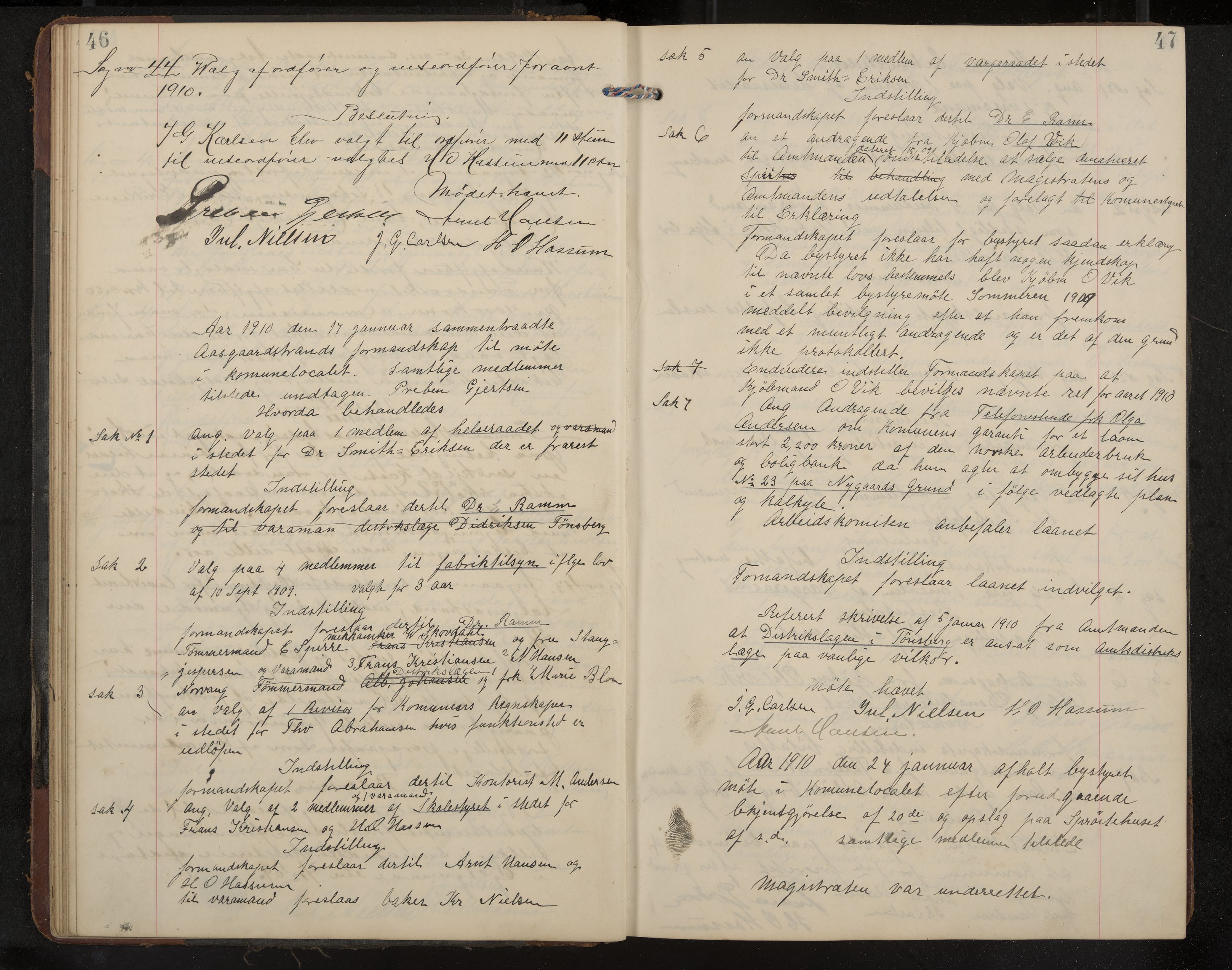 Åsgårdstrand formannskap og sentraladministrasjon, IKAK/0704021/A/L0004: Møtebok med register, 1908-1915, p. 46-47