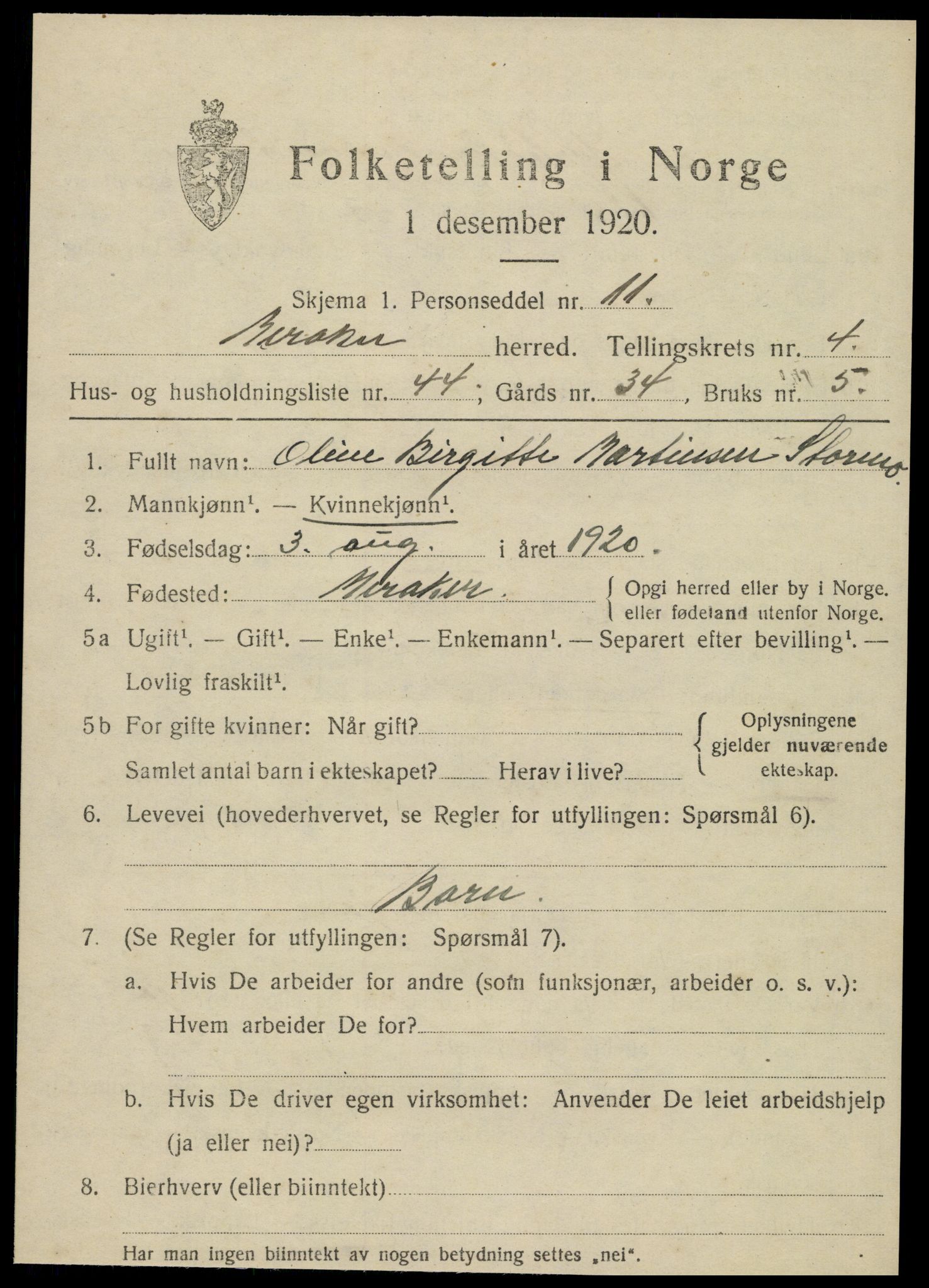 SAT, 1920 census for Meråker, 1920, p. 4032