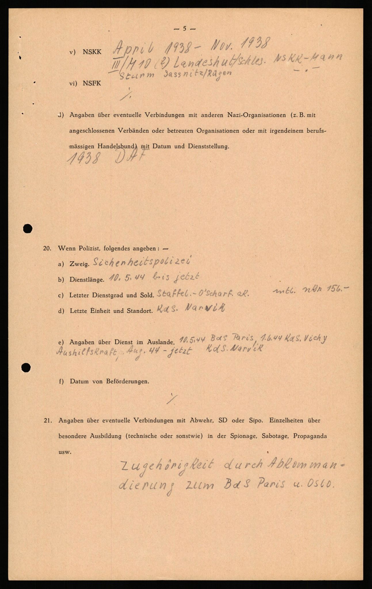 Forsvaret, Forsvarets overkommando II, RA/RAFA-3915/D/Db/L0029: CI Questionaires. Tyske okkupasjonsstyrker i Norge. Tyskere., 1945-1946, p. 341