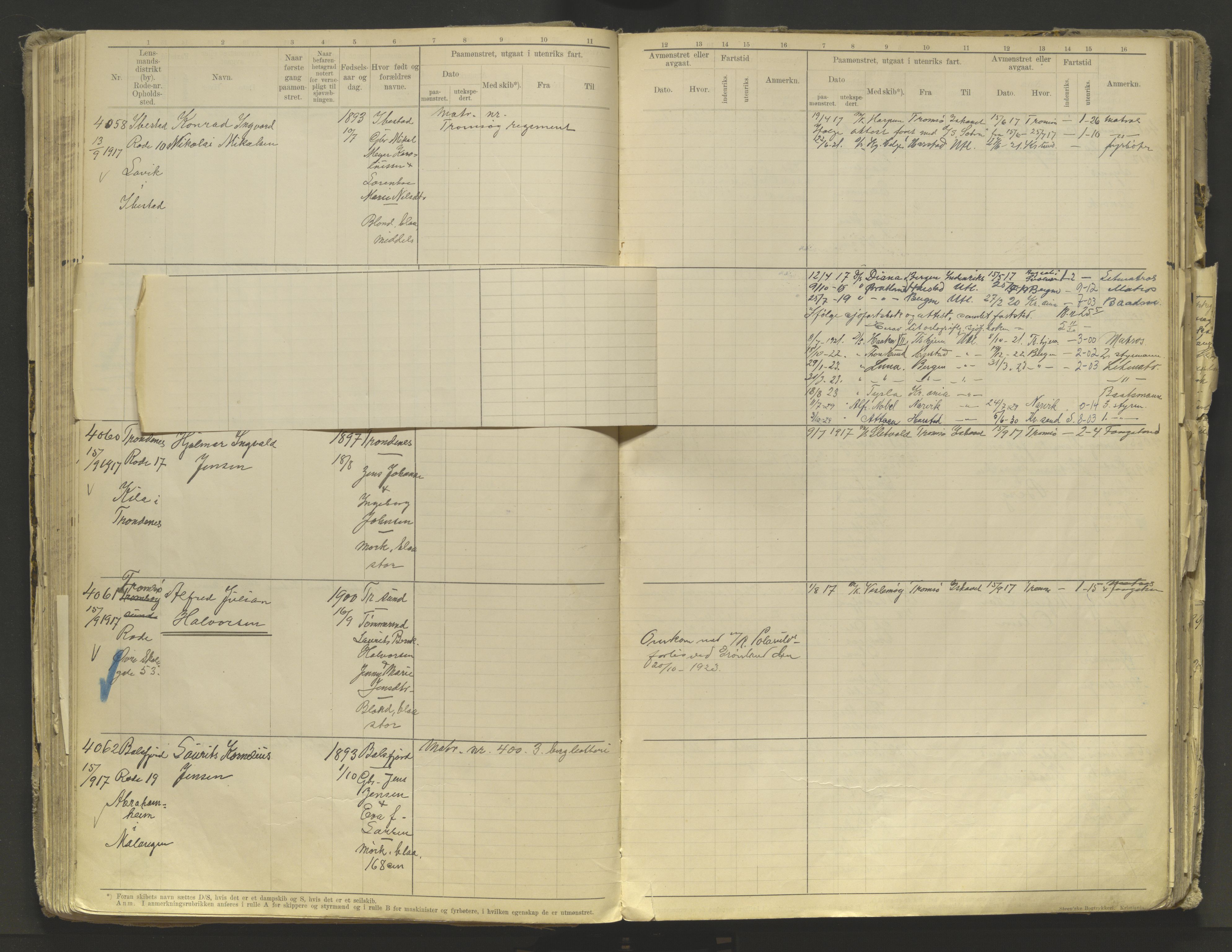 Tromsø sjømannskontor/innrullerings-/mønstringsdistrikt, AV/SATØ-S-0243/F/Fb/L0010: Annotasjonsrulle. Defekt: løs innbinding. Nr. 3519-4972, 1916-1920