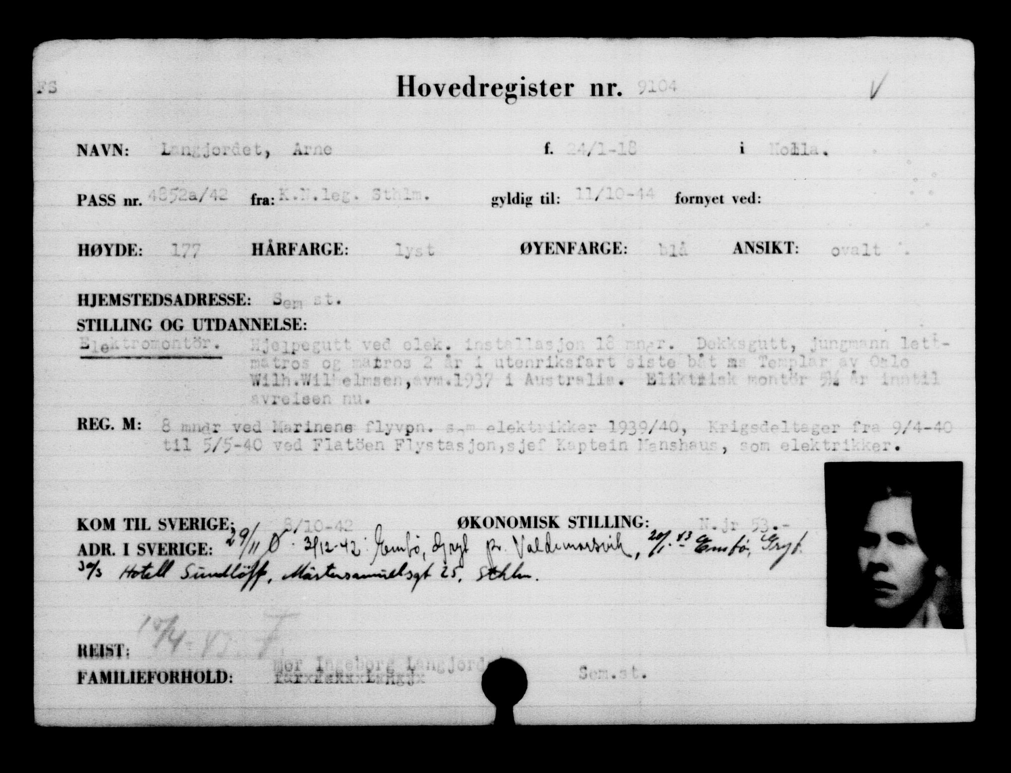 Utenriksstasjonene, Legasjonen i Stockholm, Flyktningkontoret, AV/RA-S-6753/V/Va/L0005: Kjesäterkartoteket, flyktninger med registreringsnr. 6600-9417, 1940-1945, p. 2952
