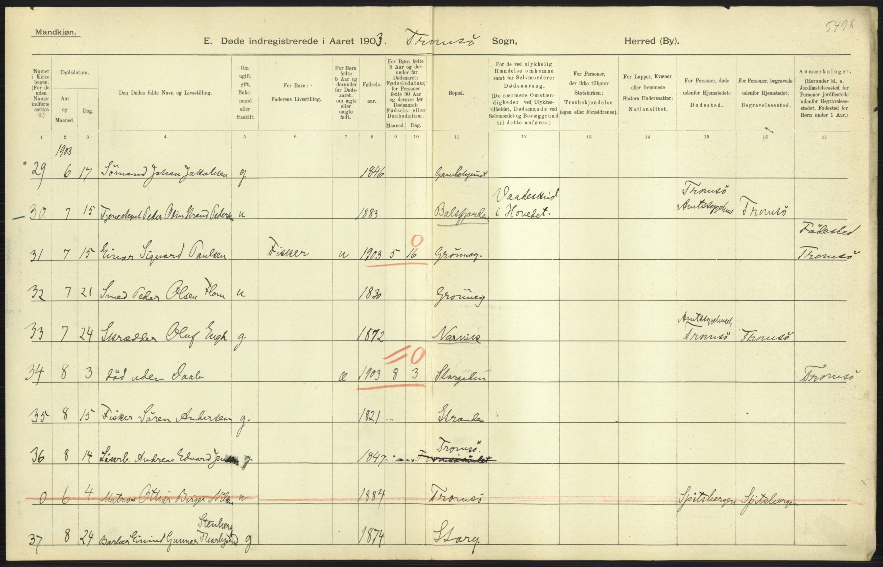 Statistisk sentralbyrå, Sosiodemografiske emner, Befolkning, AV/RA-S-2228/D/Df/Dfa/Dfaa/L0021: Tromsø amt: Fødte, gifte, døde., 1903, p. 533