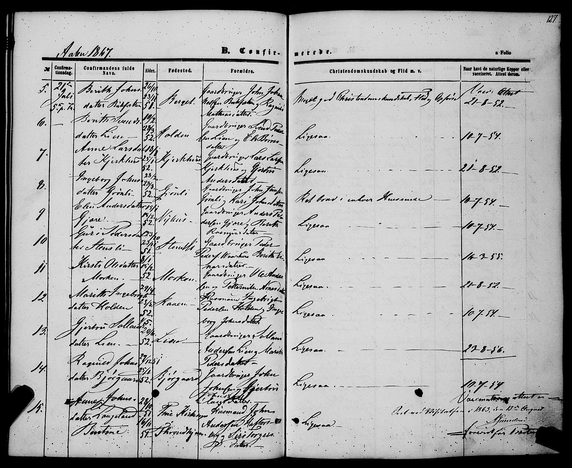 Ministerialprotokoller, klokkerbøker og fødselsregistre - Sør-Trøndelag, SAT/A-1456/685/L0968: Parish register (official) no. 685A07 /3, 1860-1869, p. 127