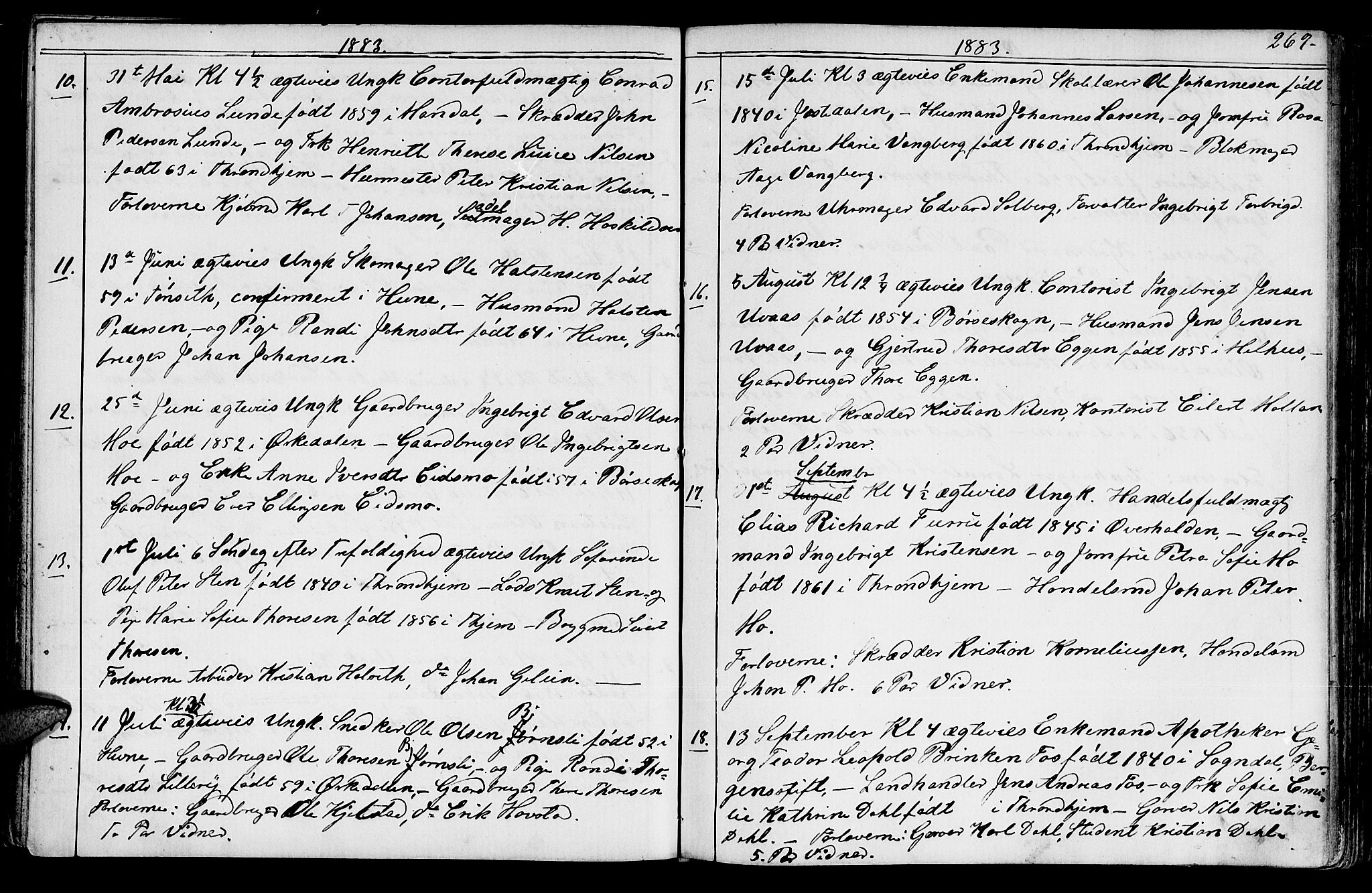 Ministerialprotokoller, klokkerbøker og fødselsregistre - Sør-Trøndelag, SAT/A-1456/602/L0142: Parish register (copy) no. 602C10, 1872-1894, p. 269