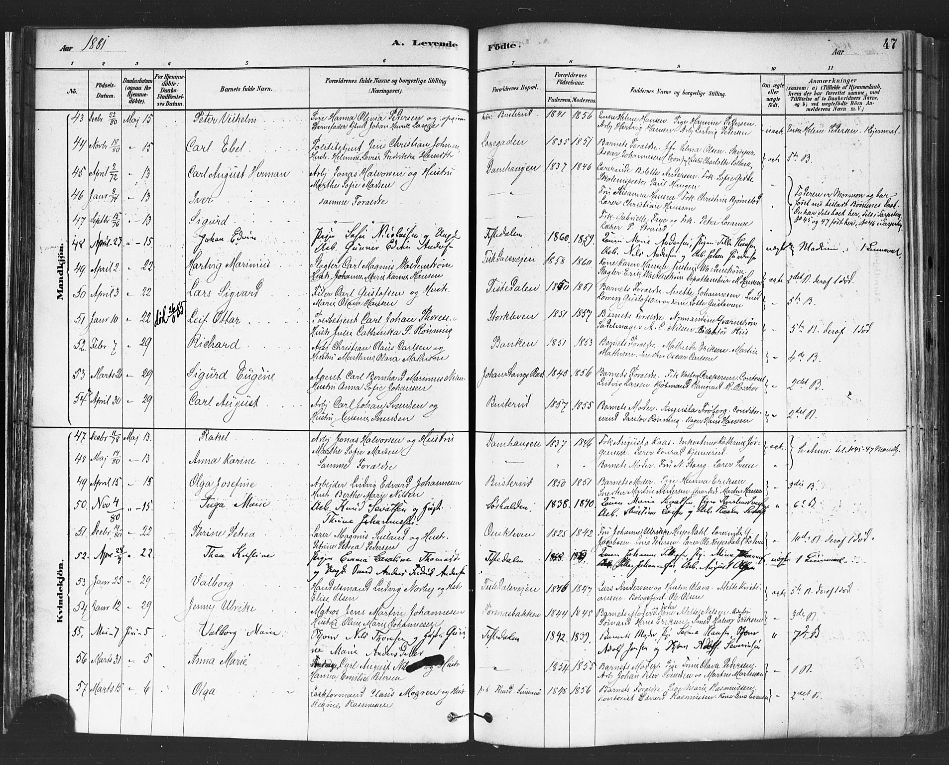 Halden prestekontor Kirkebøker, AV/SAO-A-10909/F/Fa/L0011: Parish register (official) no. I 11, 1878-1889, p. 47