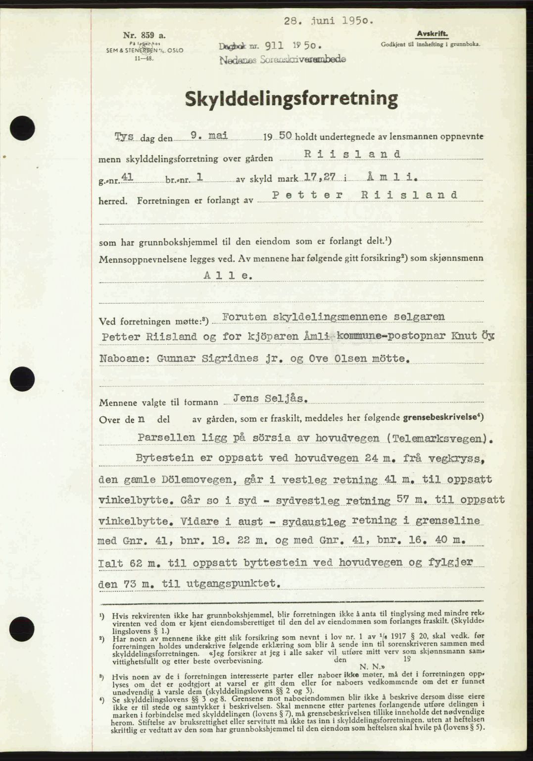 Nedenes sorenskriveri, AV/SAK-1221-0006/G/Gb/Gba/L0062: Mortgage book no. A14, 1949-1950, Diary no: : 911/1950