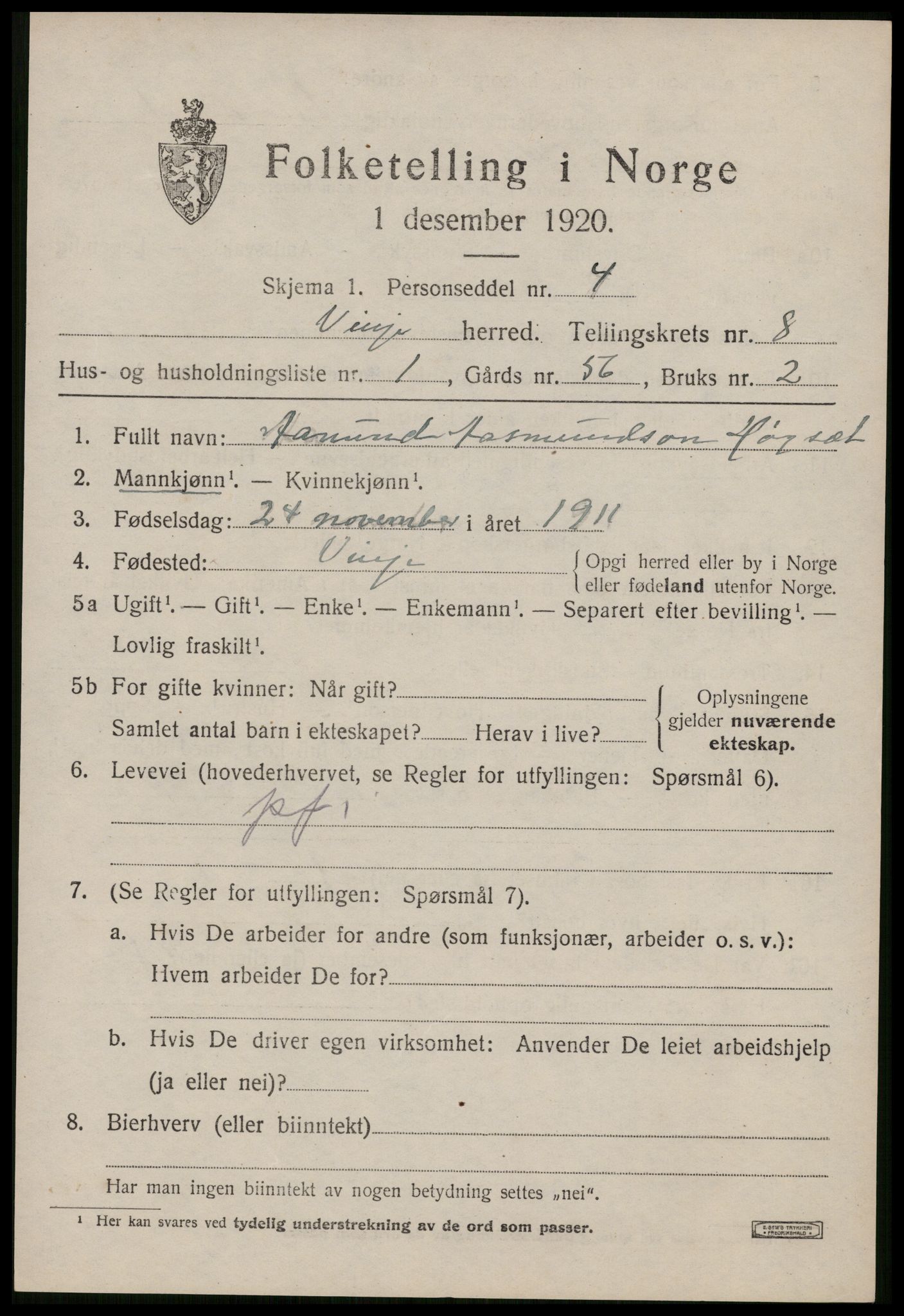 SAKO, 1920 census for Vinje, 1920, p. 2203