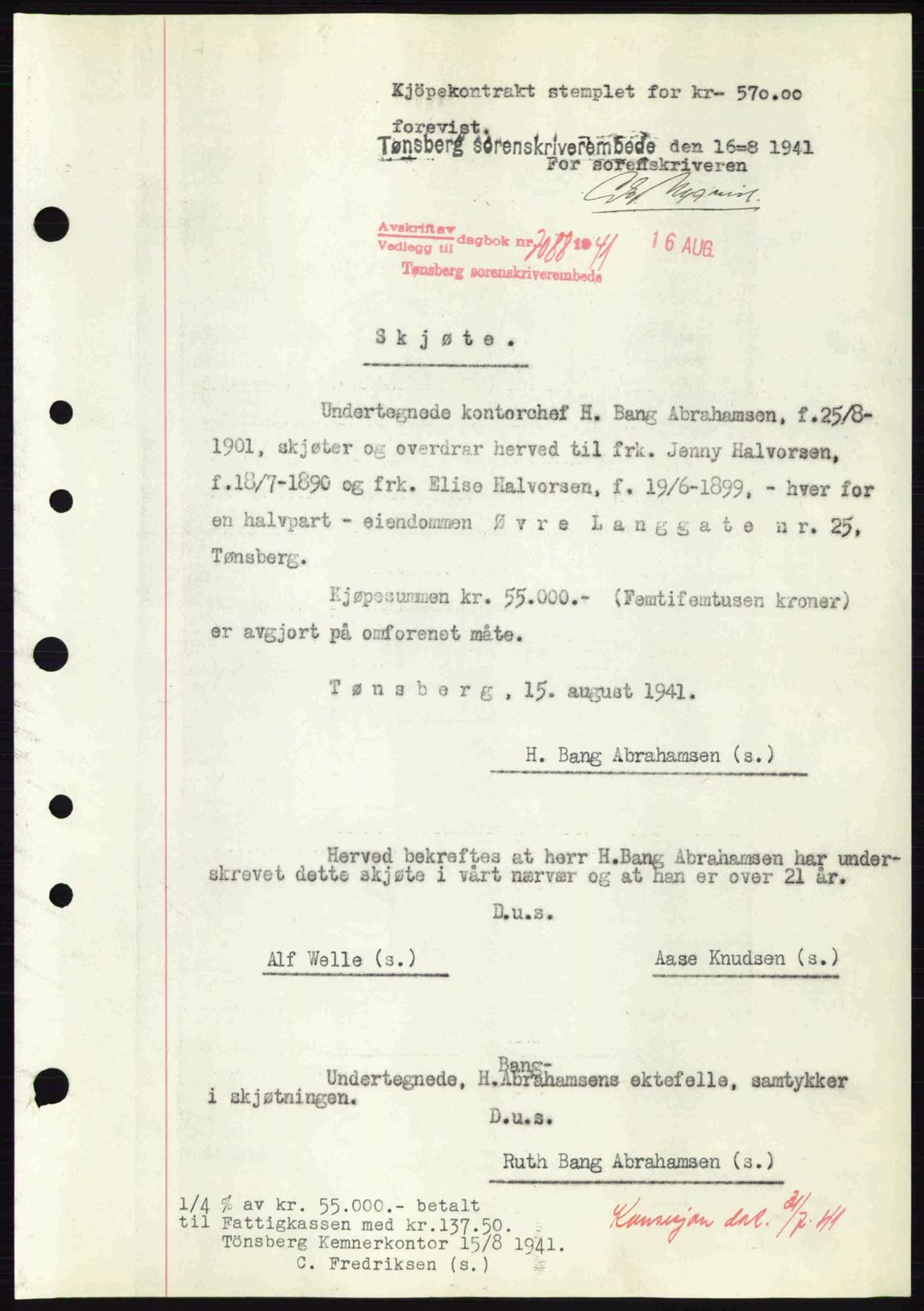 Tønsberg sorenskriveri, AV/SAKO-A-130/G/Ga/Gaa/L0010: Mortgage book no. A10, 1941-1941, Diary no: : 2088/1941