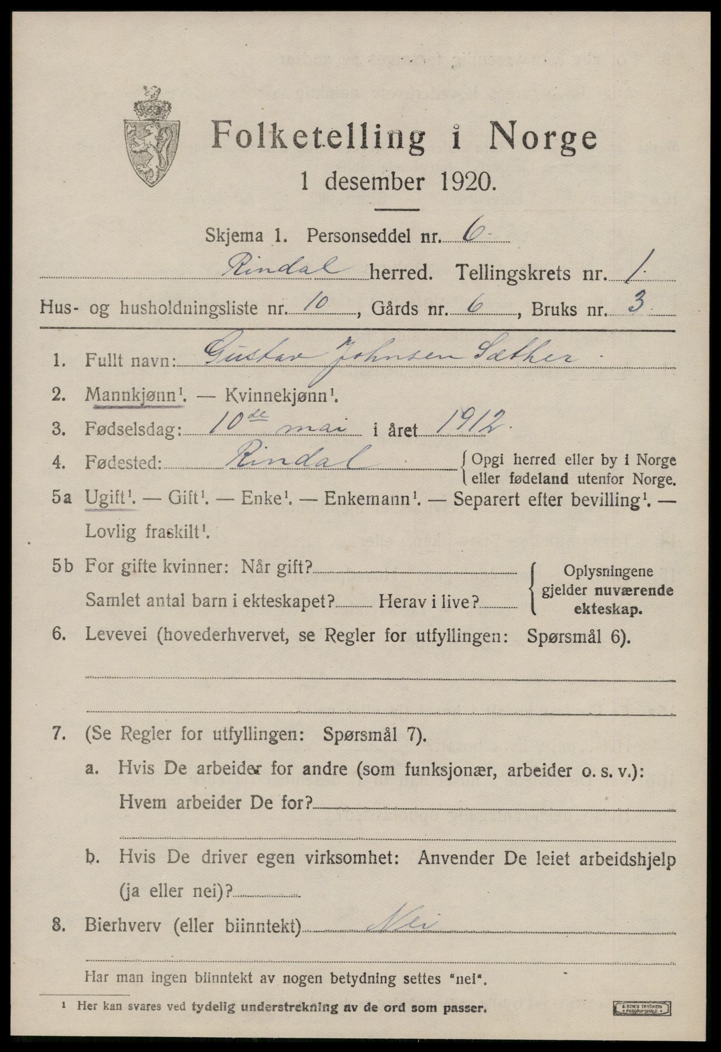 SAT, 1920 census for Rindal, 1920, p. 962