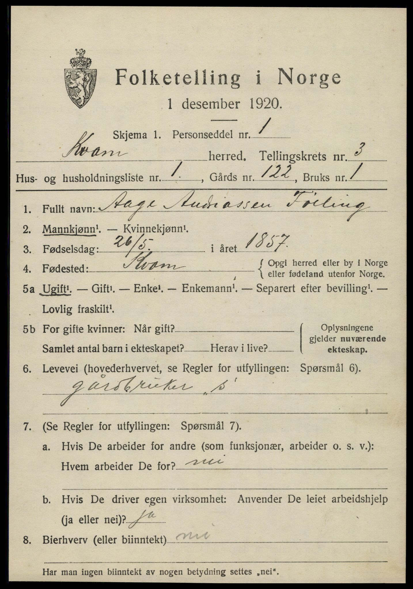 SAT, 1920 census for Kvam, 1920, p. 801