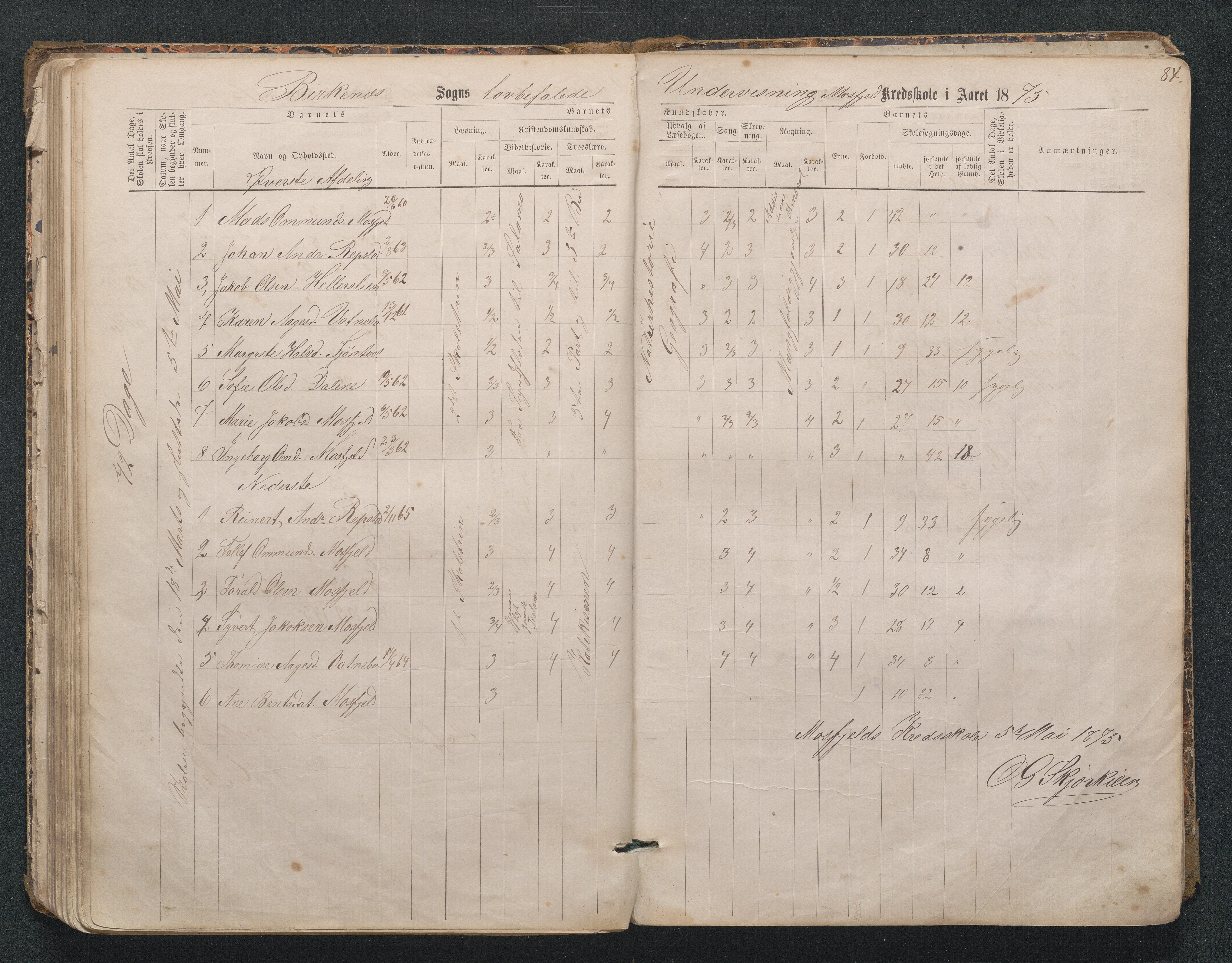 Birkenes kommune, Mosfjell skolekrets, AAKS/KA0928-550f_91/F02/L0001: Skoleprotokoll Flå og Mosfjell, 1867-1909, p. 84