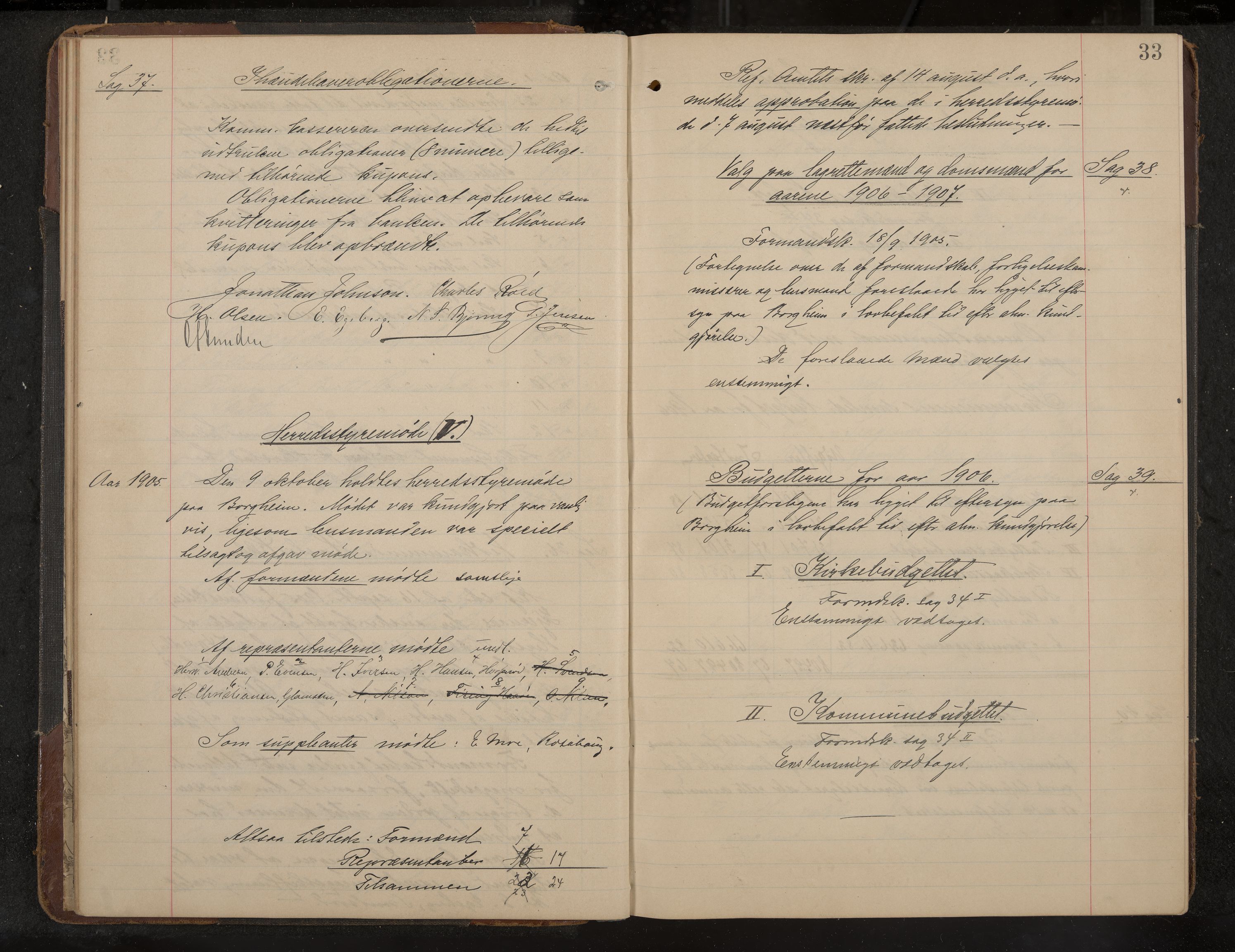 Nøtterøy formannskap og sentraladministrasjon, IKAK/0722021-1/A/Aa/L0006: Møtebok med register, 1905-1913, p. 33