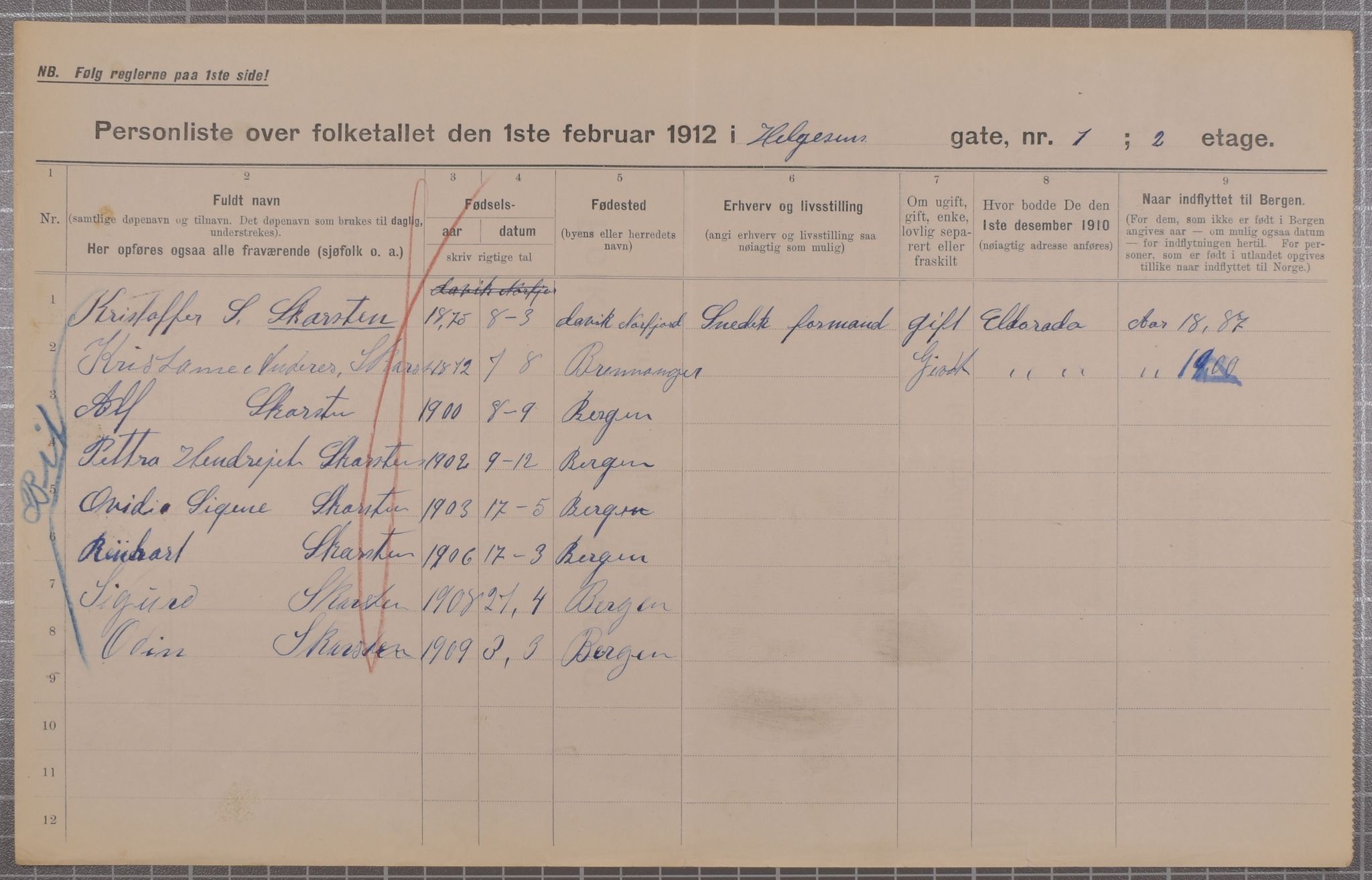 SAB, Municipal Census 1912 for Bergen, 1912, p. 1987