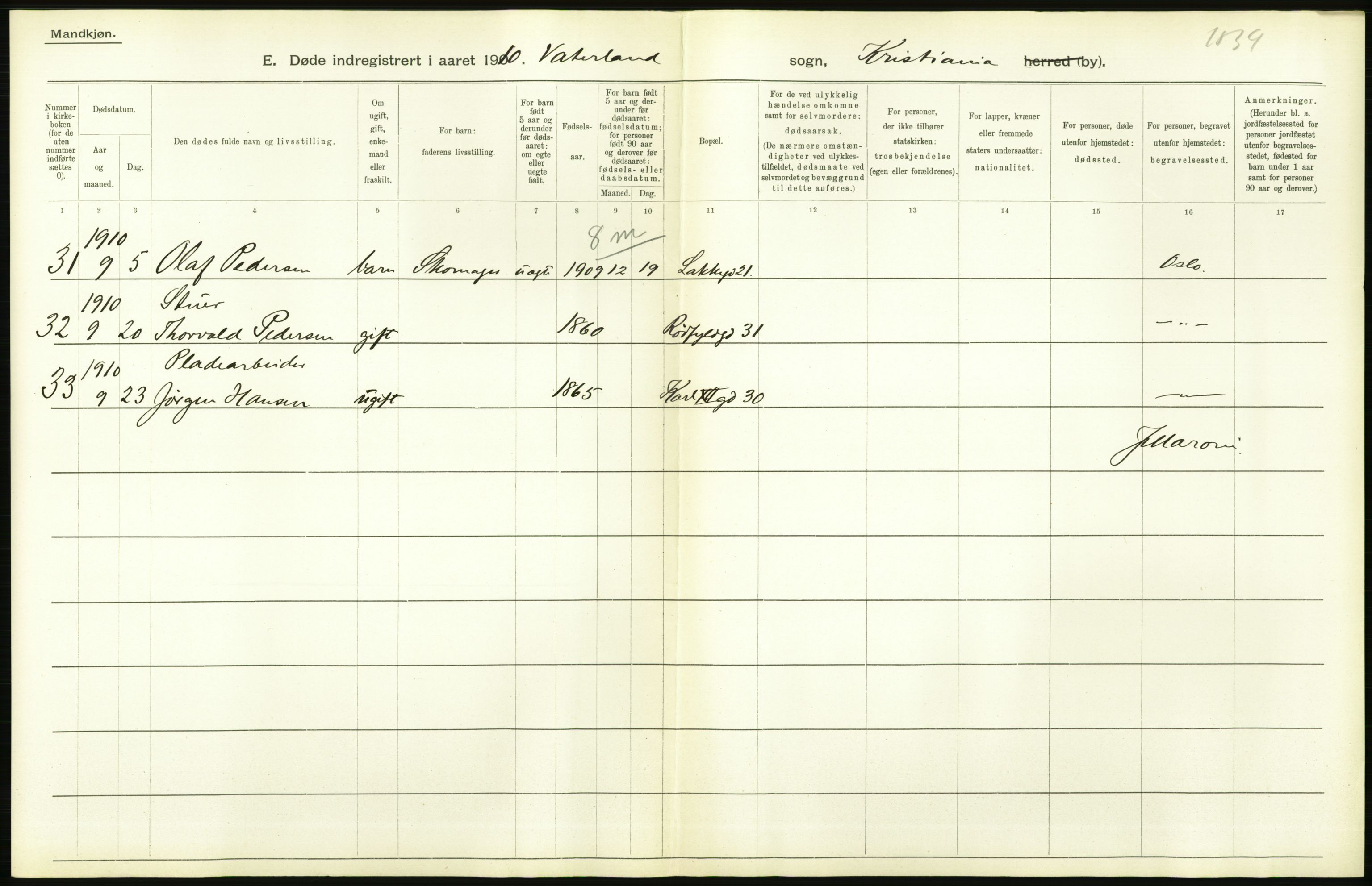 Statistisk sentralbyrå, Sosiodemografiske emner, Befolkning, RA/S-2228/D/Df/Dfa/Dfah/L0008: Kristiania: Døde, 1910, p. 670