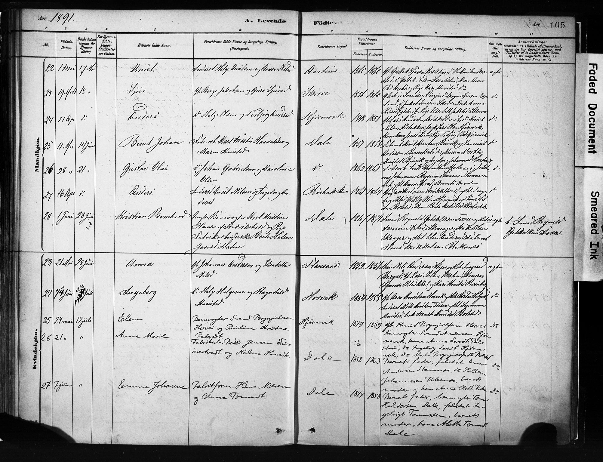 Evanger sokneprestembete, AV/SAB-A-99924: Parish register (official) no. A 1, 1877-1899, p. 105