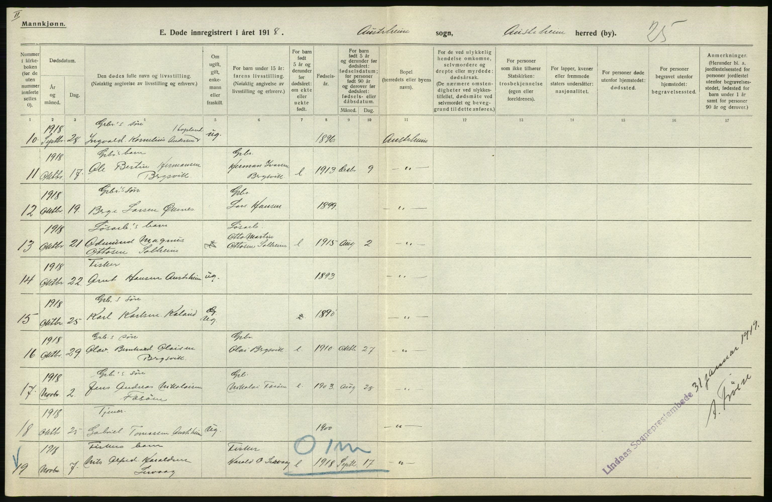 Statistisk sentralbyrå, Sosiodemografiske emner, Befolkning, AV/RA-S-2228/D/Df/Dfb/Dfbh/L0036: Hordaland fylke: Døde., 1918, p. 288