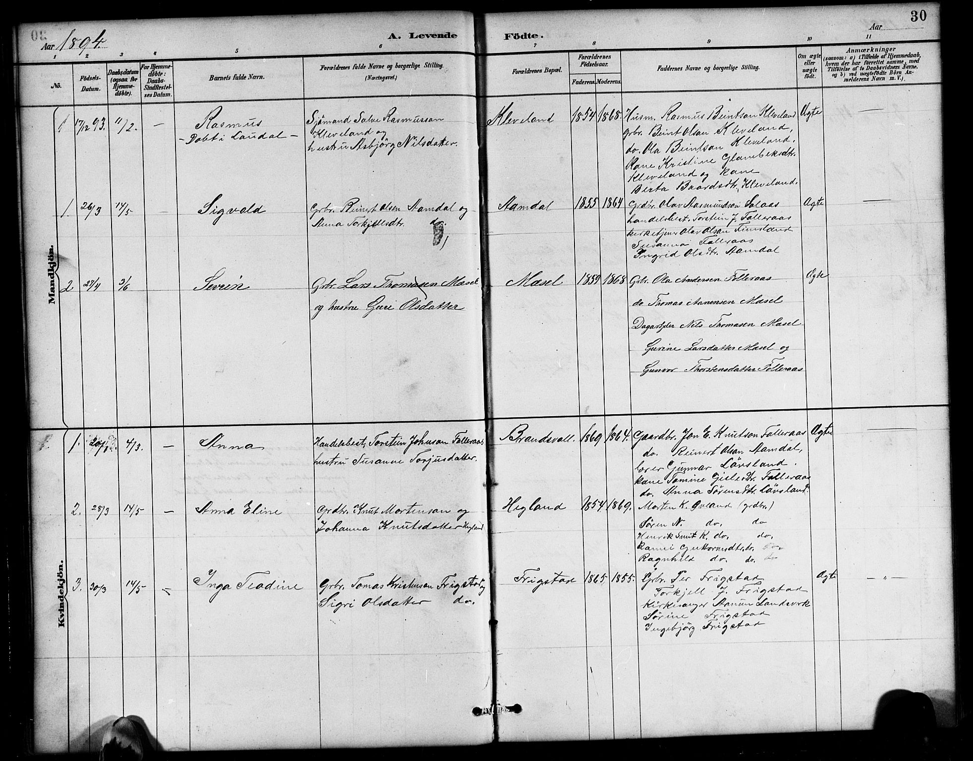 Bjelland sokneprestkontor, SAK/1111-0005/F/Fb/Fbb/L0005: Parish register (copy) no. B 5, 1887-1918, p. 30