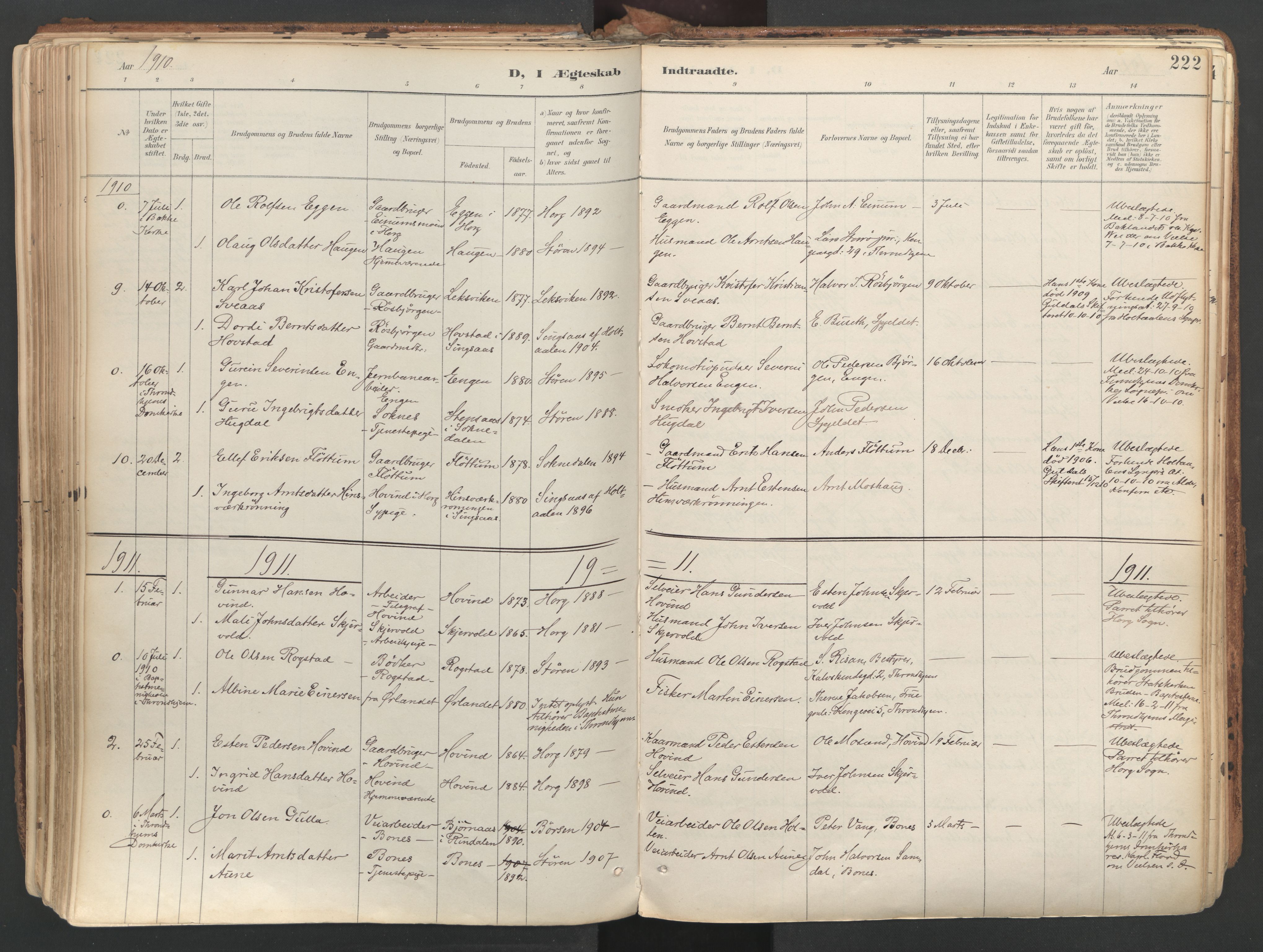 Ministerialprotokoller, klokkerbøker og fødselsregistre - Sør-Trøndelag, SAT/A-1456/687/L1004: Parish register (official) no. 687A10, 1891-1923, p. 222