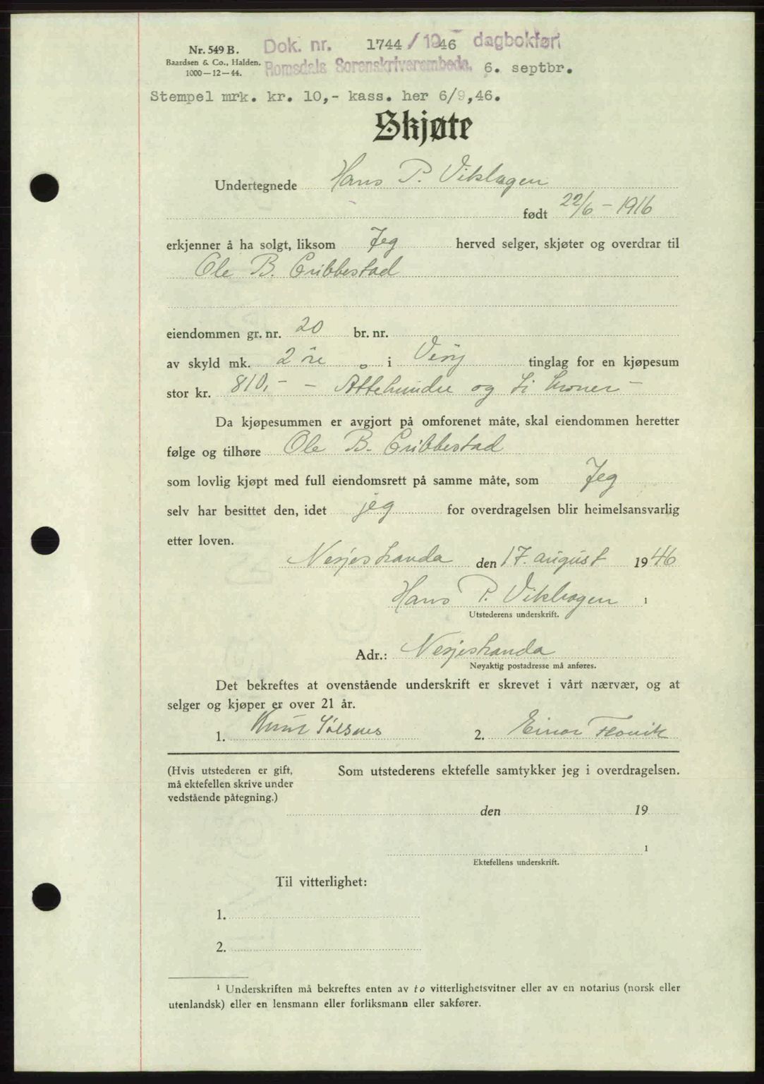 Romsdal sorenskriveri, AV/SAT-A-4149/1/2/2C: Mortgage book no. A20, 1946-1946, Diary no: : 1744/1946