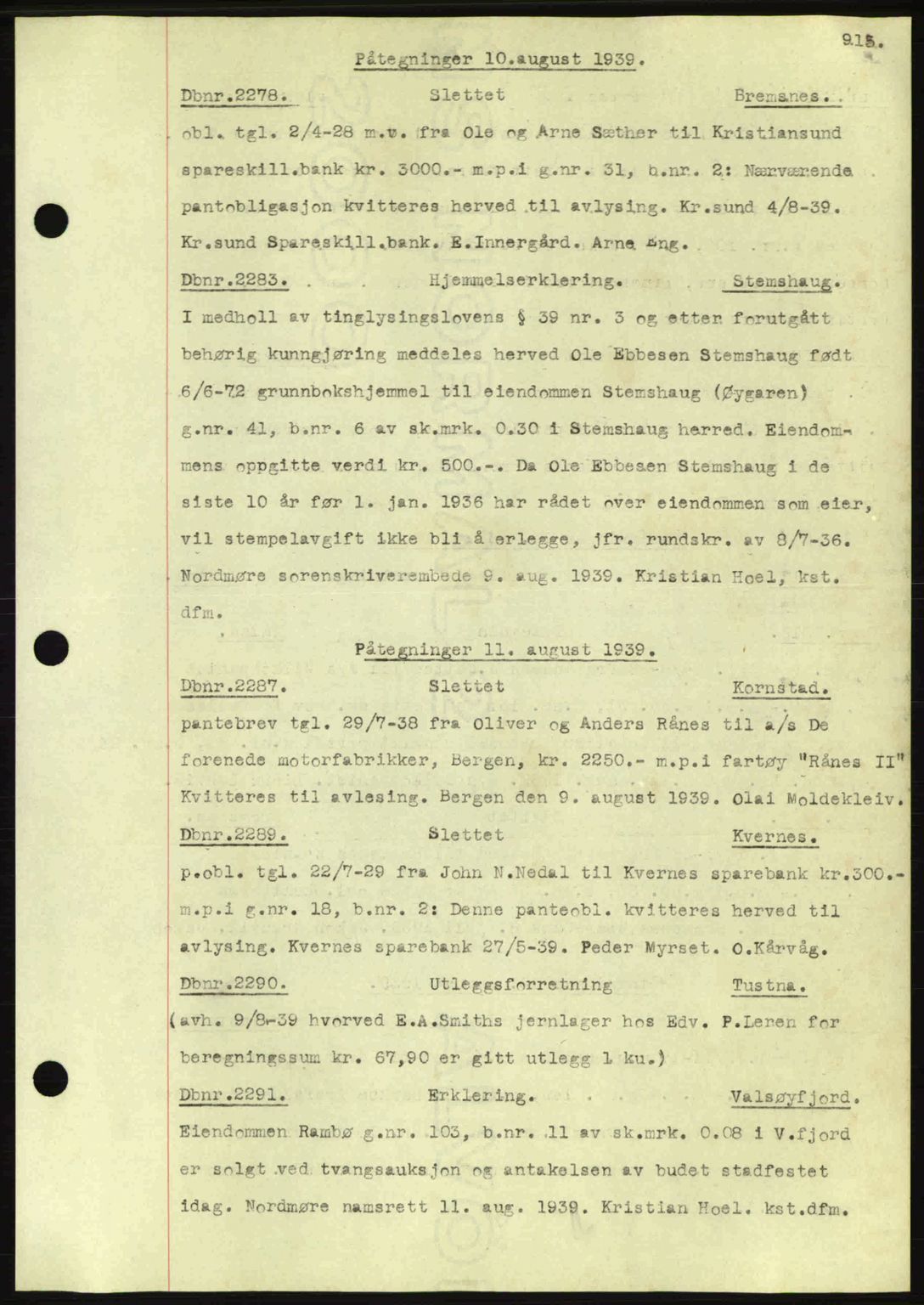 Nordmøre sorenskriveri, AV/SAT-A-4132/1/2/2Ca: Mortgage book no. C80, 1936-1939, Diary no: : 2278/1939