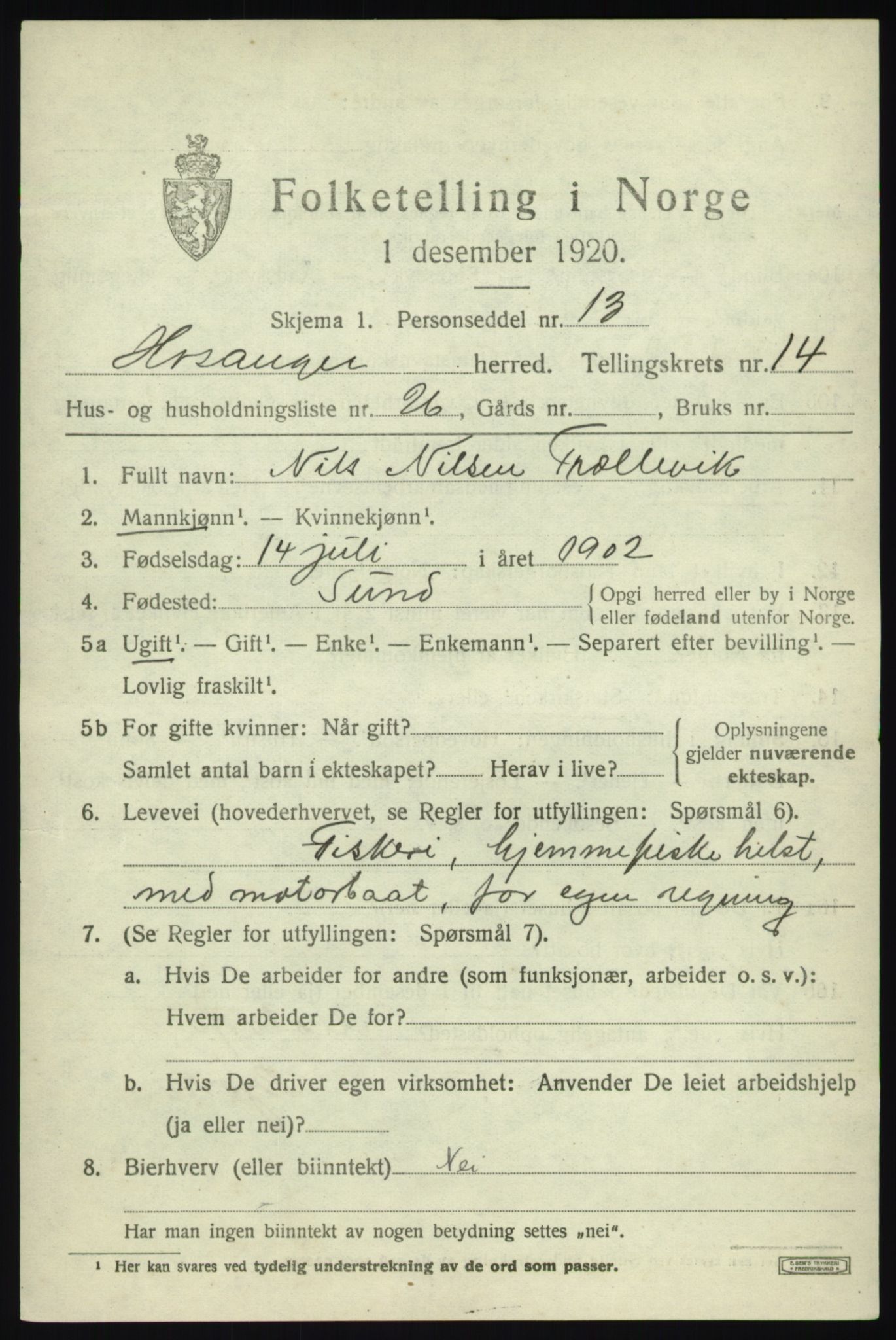 SAB, 1920 census for Hosanger, 1920, p. 5831