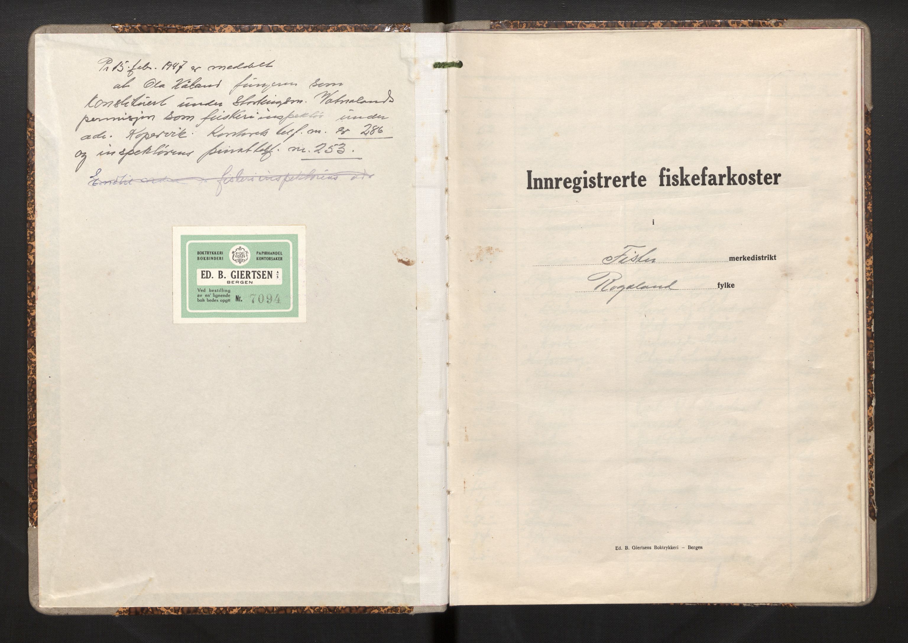 Fiskeridirektoratet - 1 Adm. ledelse - 13 Båtkontoret, AV/SAB-A-2003/I/Ia/Iai/L0022: 135.0906/3 Merkeprotokoll - Fister, 1944-1963