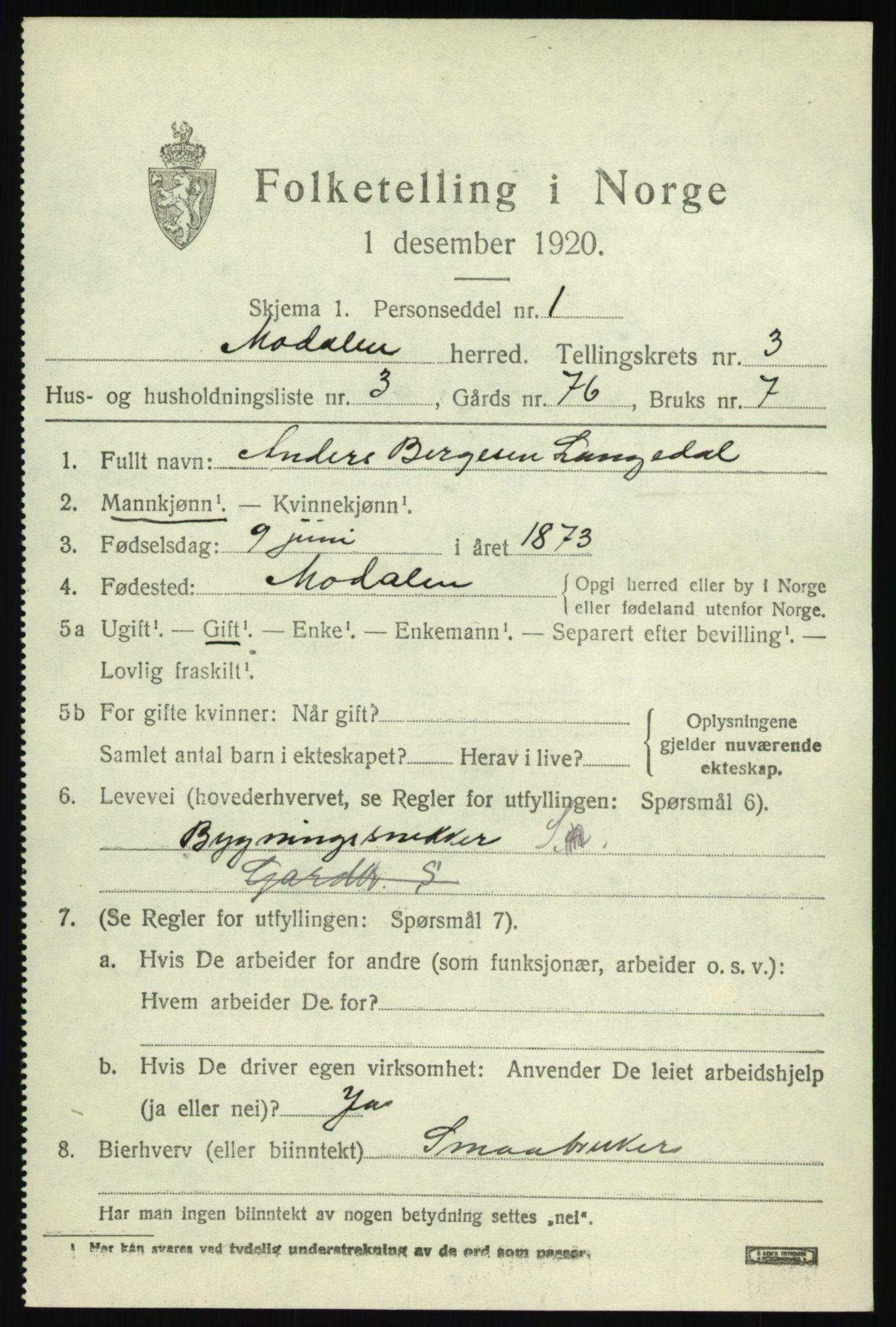SAB, 1920 census for Modalen, 1920, p. 548