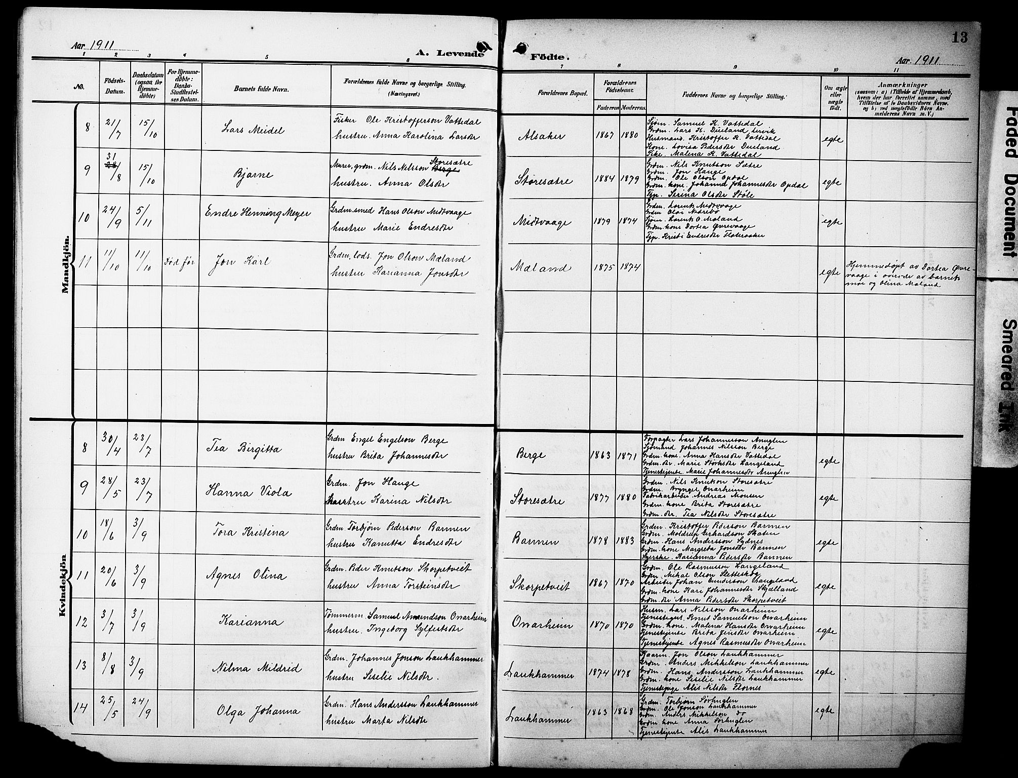 Tysnes sokneprestembete, AV/SAB-A-78601/H/Hab: Parish register (copy) no. C 3, 1908-1924, p. 13