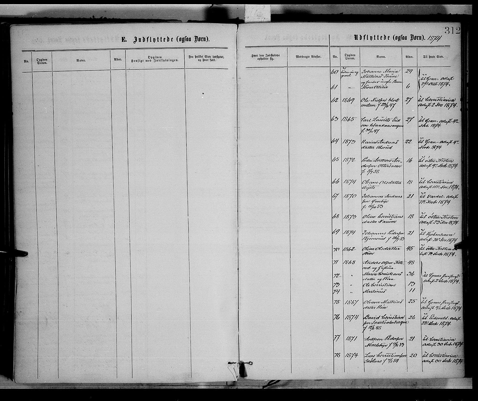 Vestre Toten prestekontor, AV/SAH-PREST-108/H/Ha/Haa/L0008: Parish register (official) no. 8, 1870-1877, p. 312