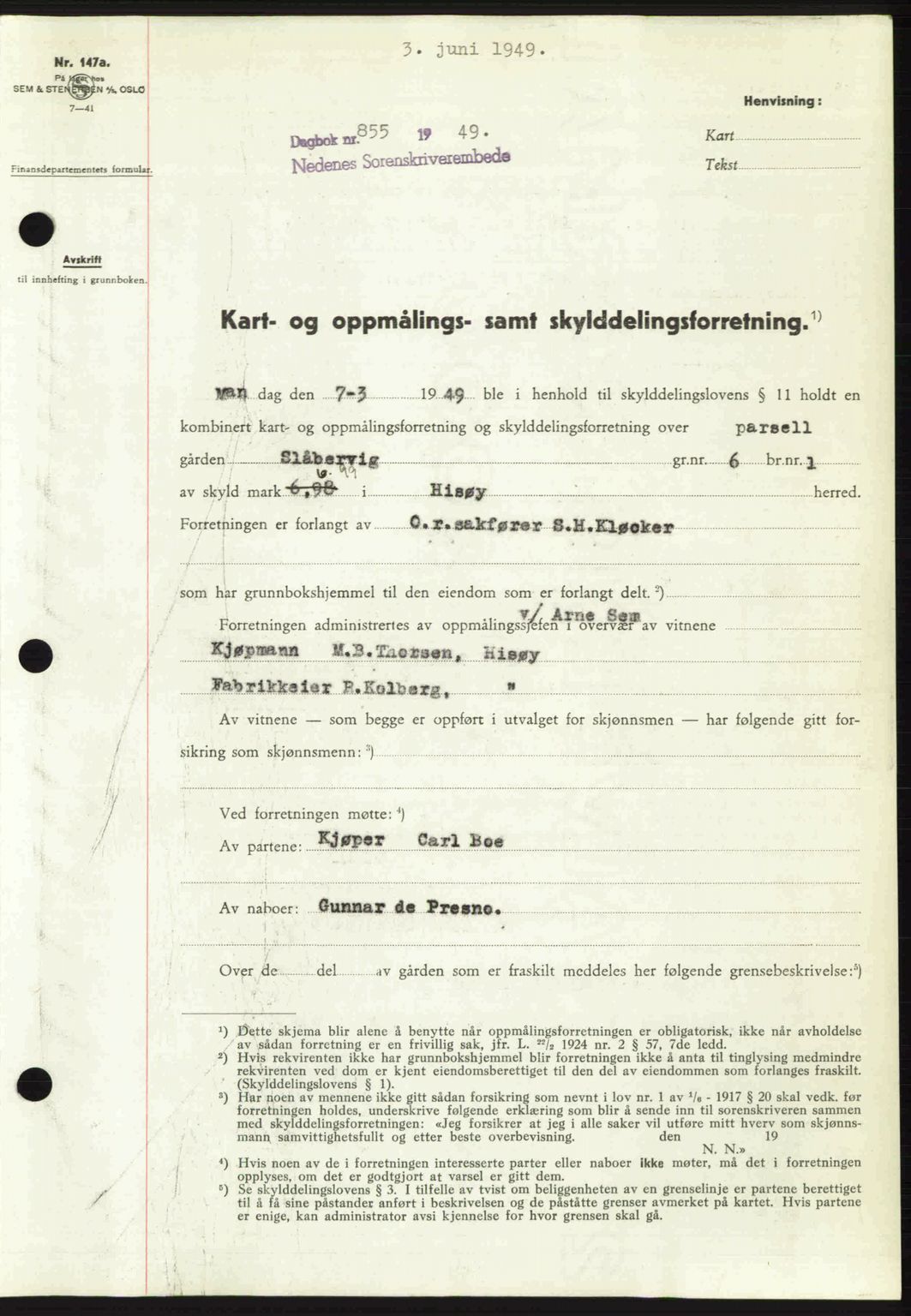 Nedenes sorenskriveri, SAK/1221-0006/G/Gb/Gba/L0060: Mortgage book no. A12, 1948-1949, Diary no: : 855/1949