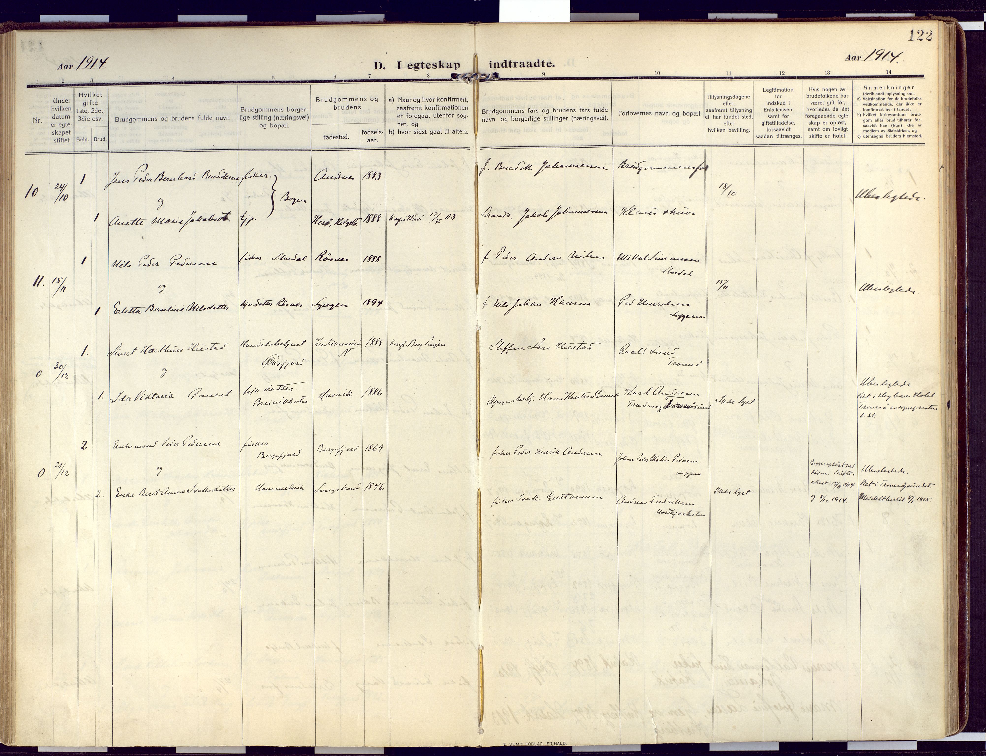 Loppa sokneprestkontor, SATØ/S-1339/H/Ha/L0011kirke: Parish register (official) no. 11, 1909-1919, p. 122