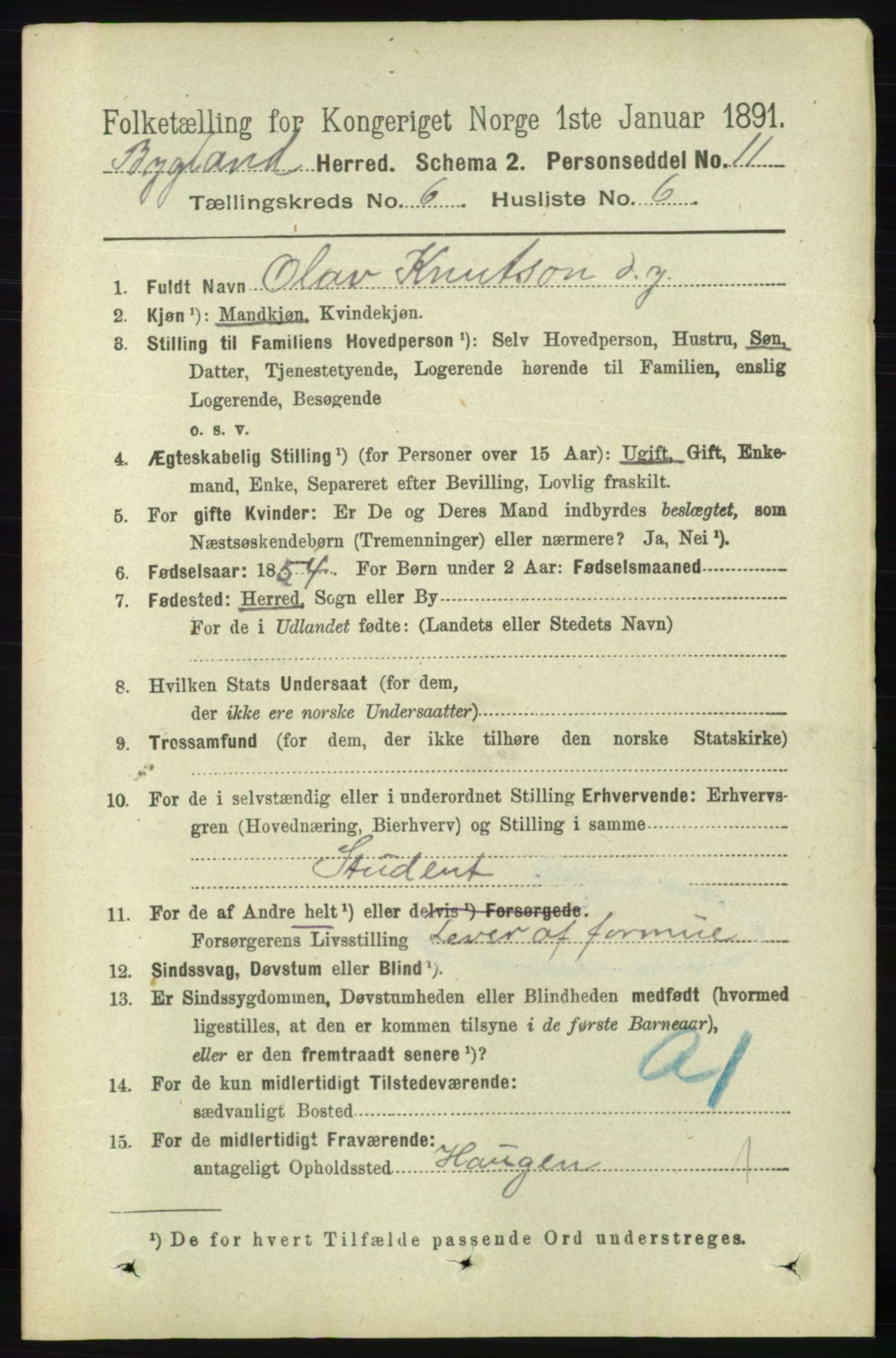 RA, 1891 census for 0938 Bygland, 1891, p. 1374