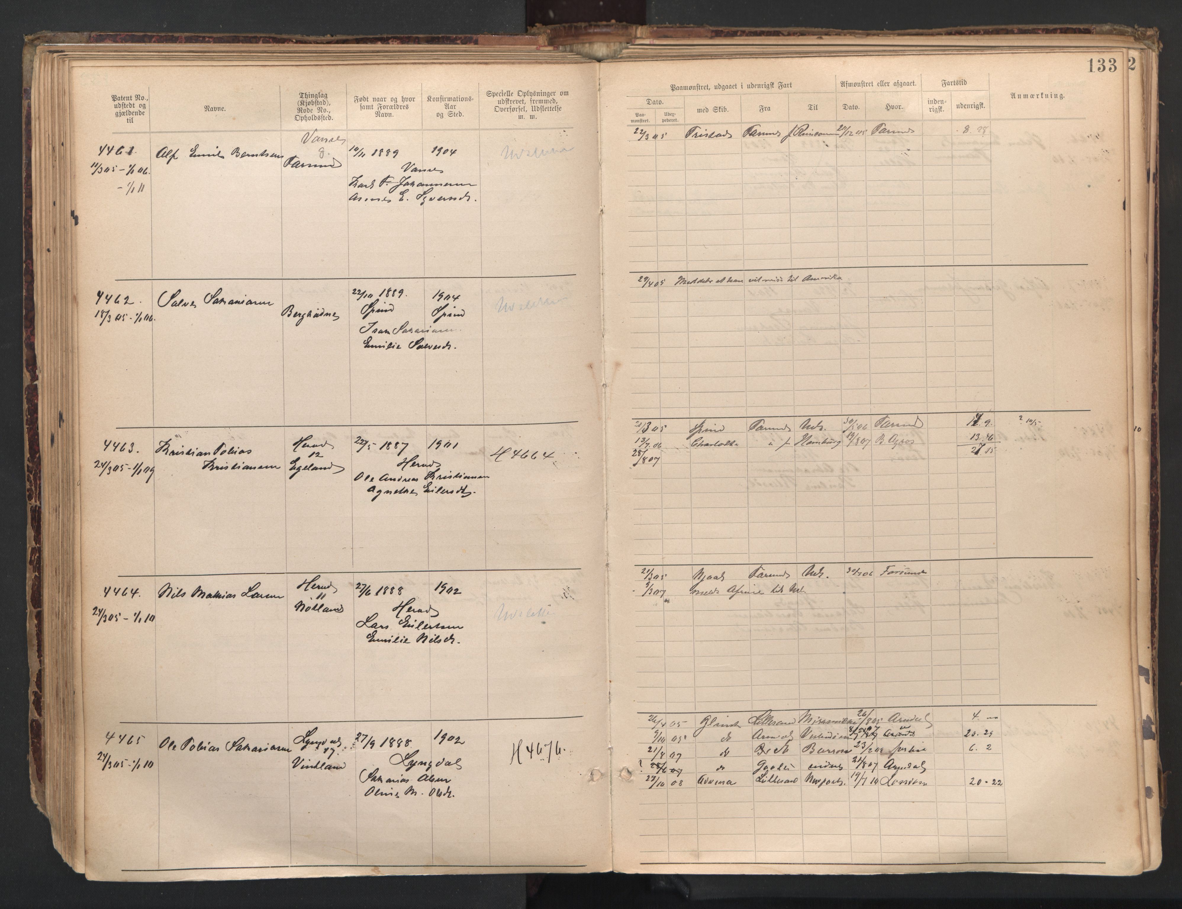 Farsund mønstringskrets, SAK/2031-0017/F/Fa/L0007: Annotasjonsrulle nr 3806-5294 med register, Z-4, 1894-1934, p. 164