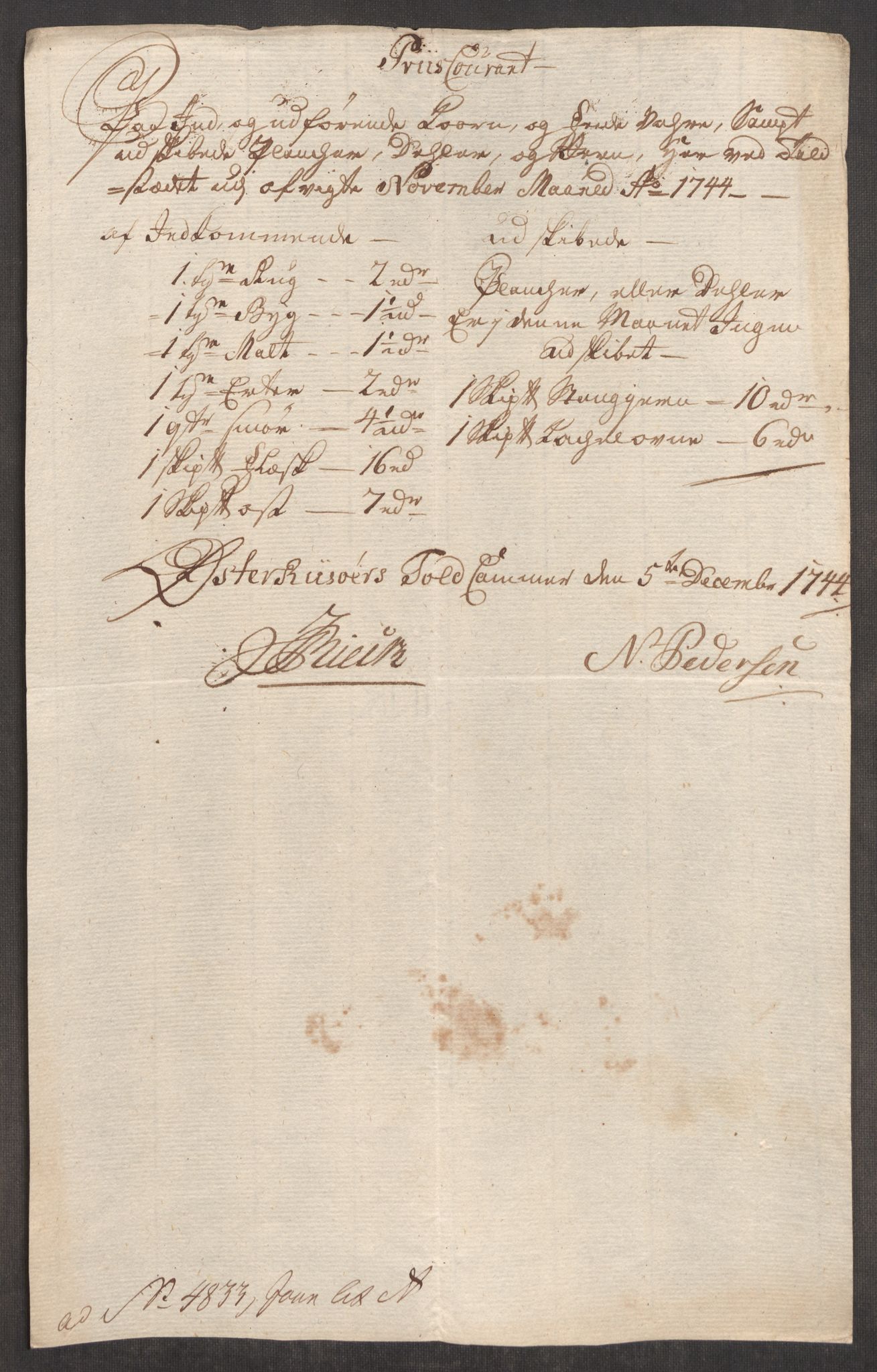 Rentekammeret inntil 1814, Realistisk ordnet avdeling, AV/RA-EA-4070/Oe/L0002: [Ø1]: Priskuranter, 1740-1744, p. 966