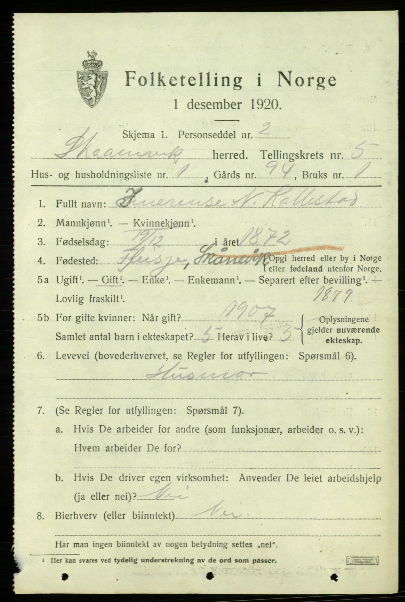 SAB, 1920 census for Skånevik, 1920, p. 3799