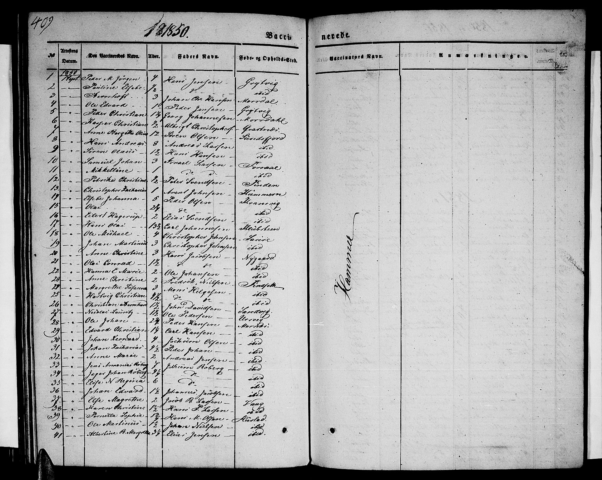 Ministerialprotokoller, klokkerbøker og fødselsregistre - Nordland, AV/SAT-A-1459/805/L0106: Parish register (copy) no. 805C02, 1841-1861, p. 409