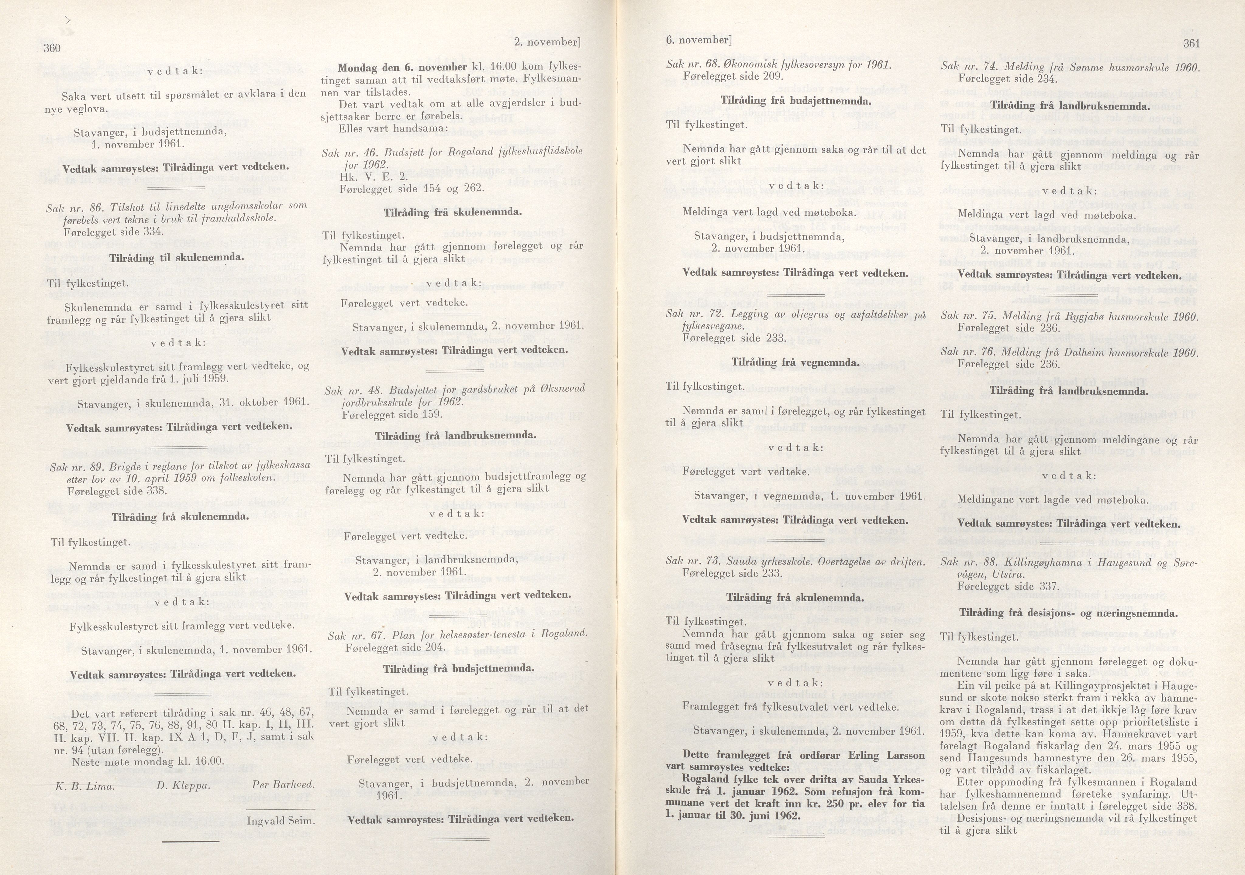 Rogaland fylkeskommune - Fylkesrådmannen , IKAR/A-900/A/Aa/Aaa/L0081: Møtebok , 1961, p. 360-361